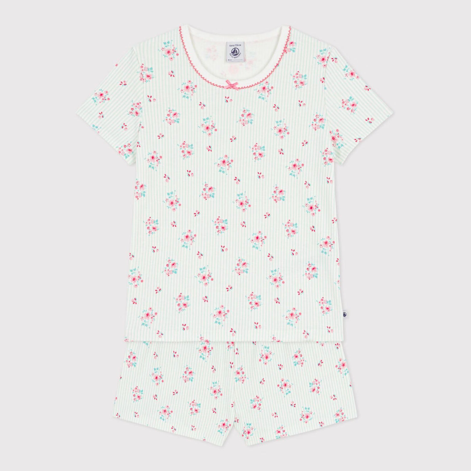 Girls Light Green Stripes Floral Cotton Nightwear Set