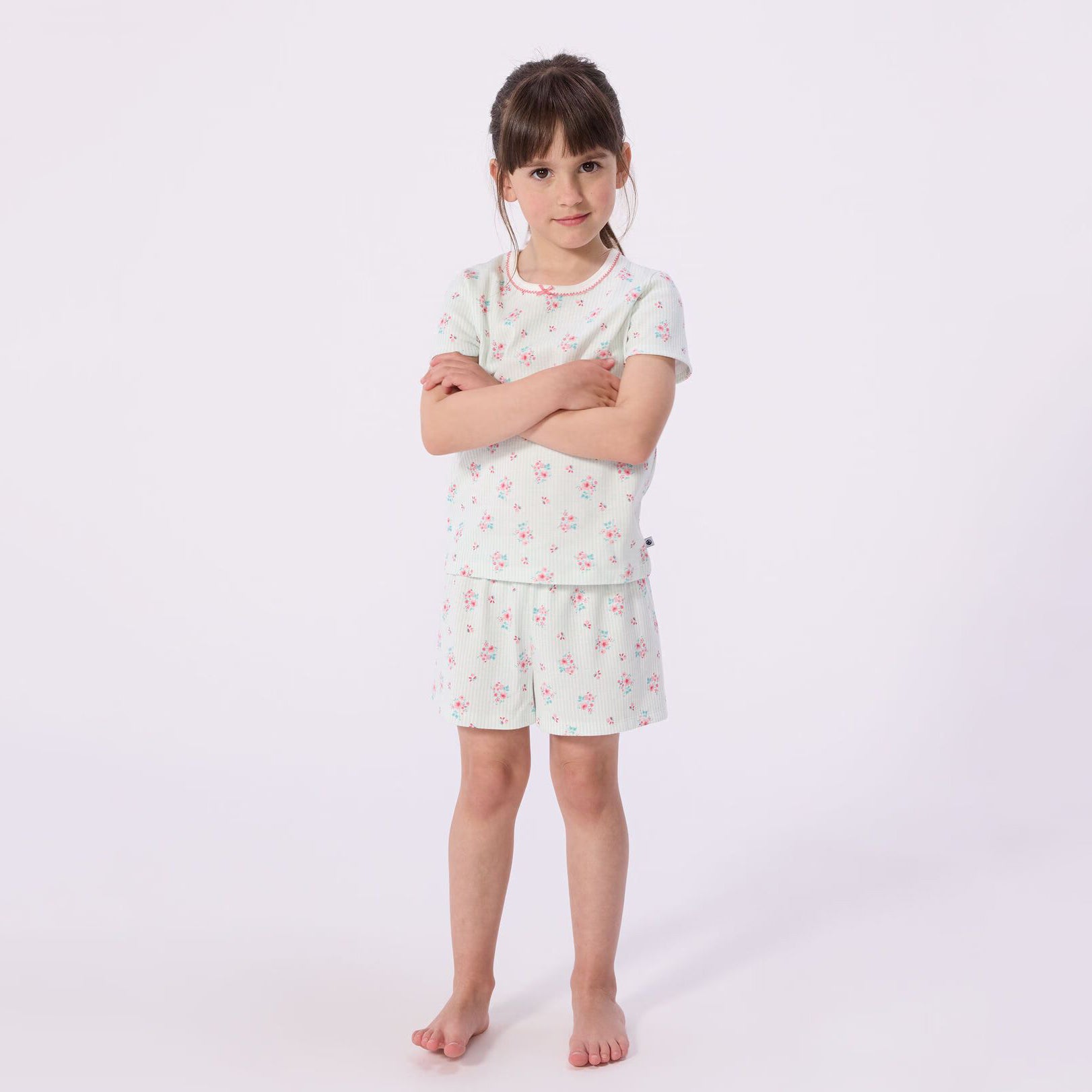 Girls Light Green Stripes Floral Cotton Nightwear Set