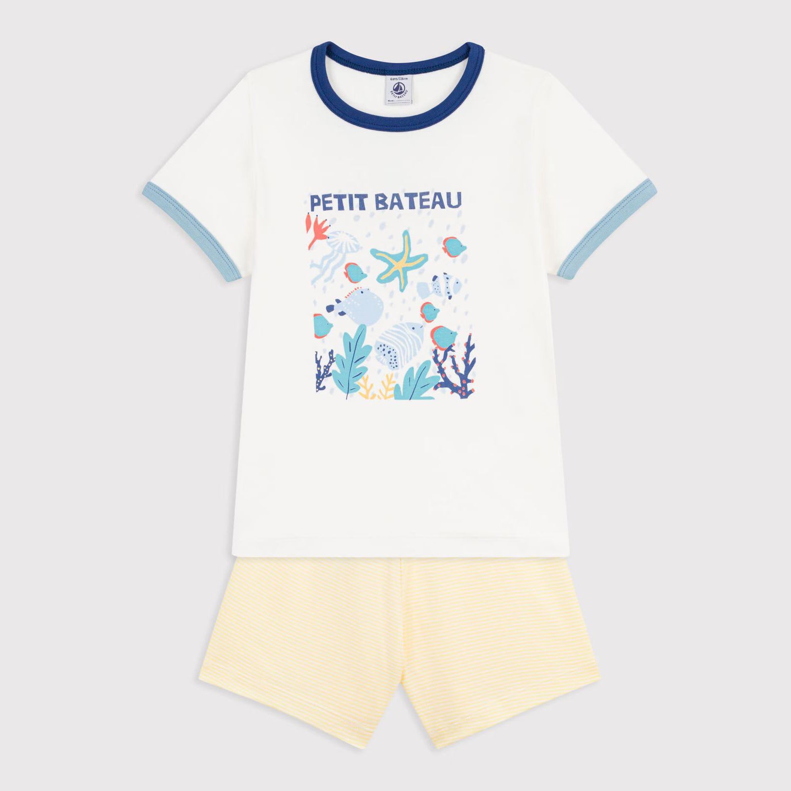 Boys White & Yellow Printed Cotton Nightwear Set