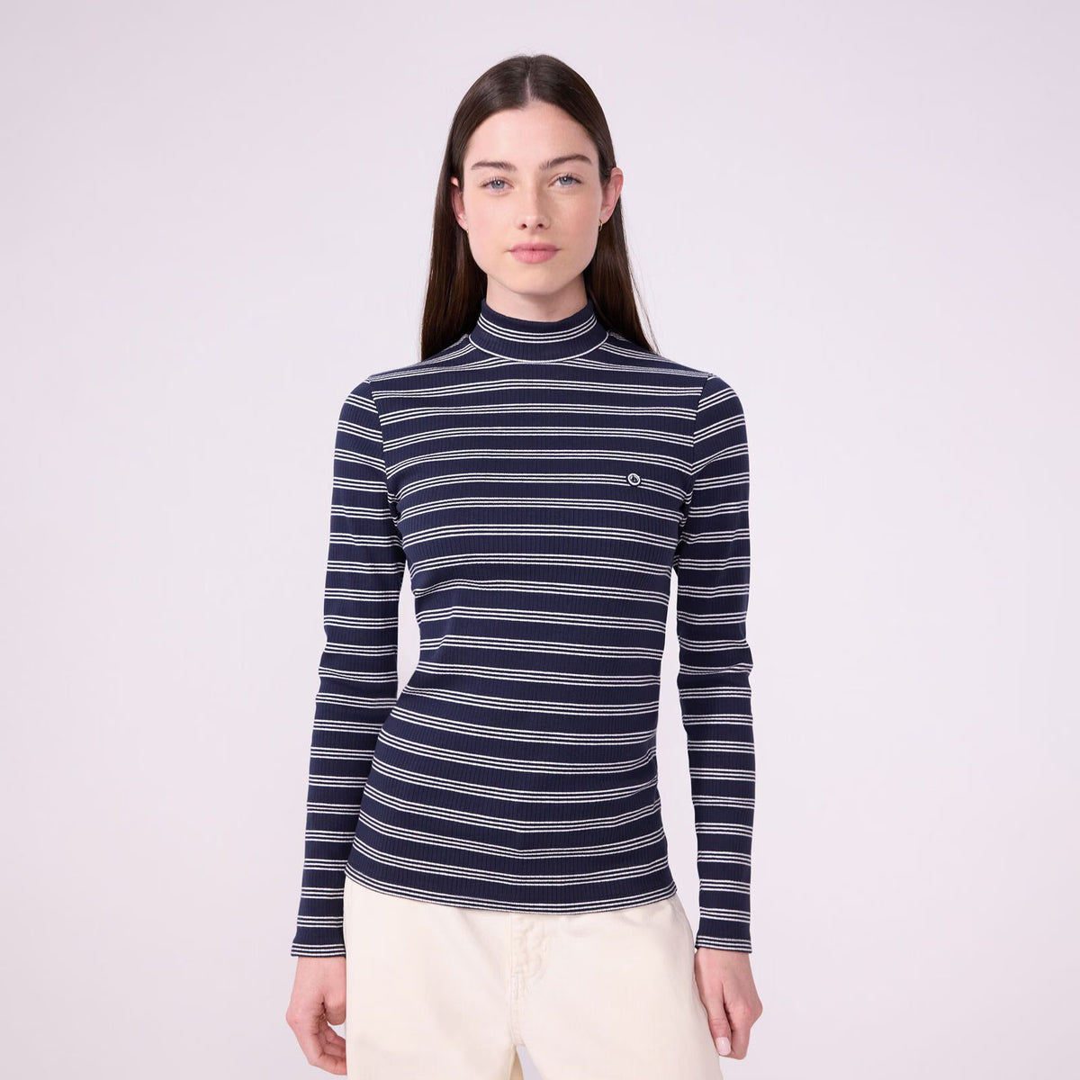 Col roulé en coton rayé marine pour femme