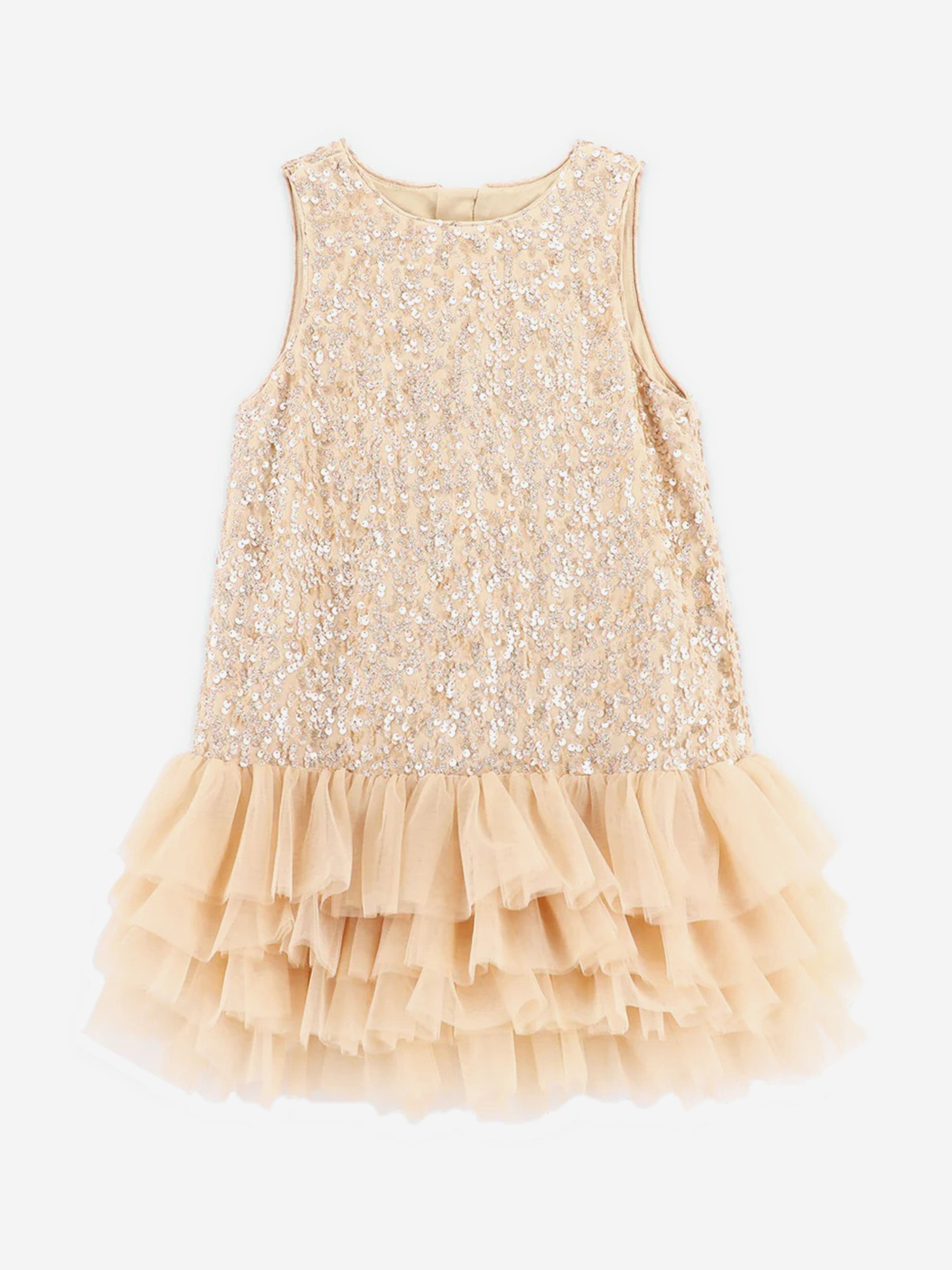 Girls Charleston Sequin Tulle Dress in Beige