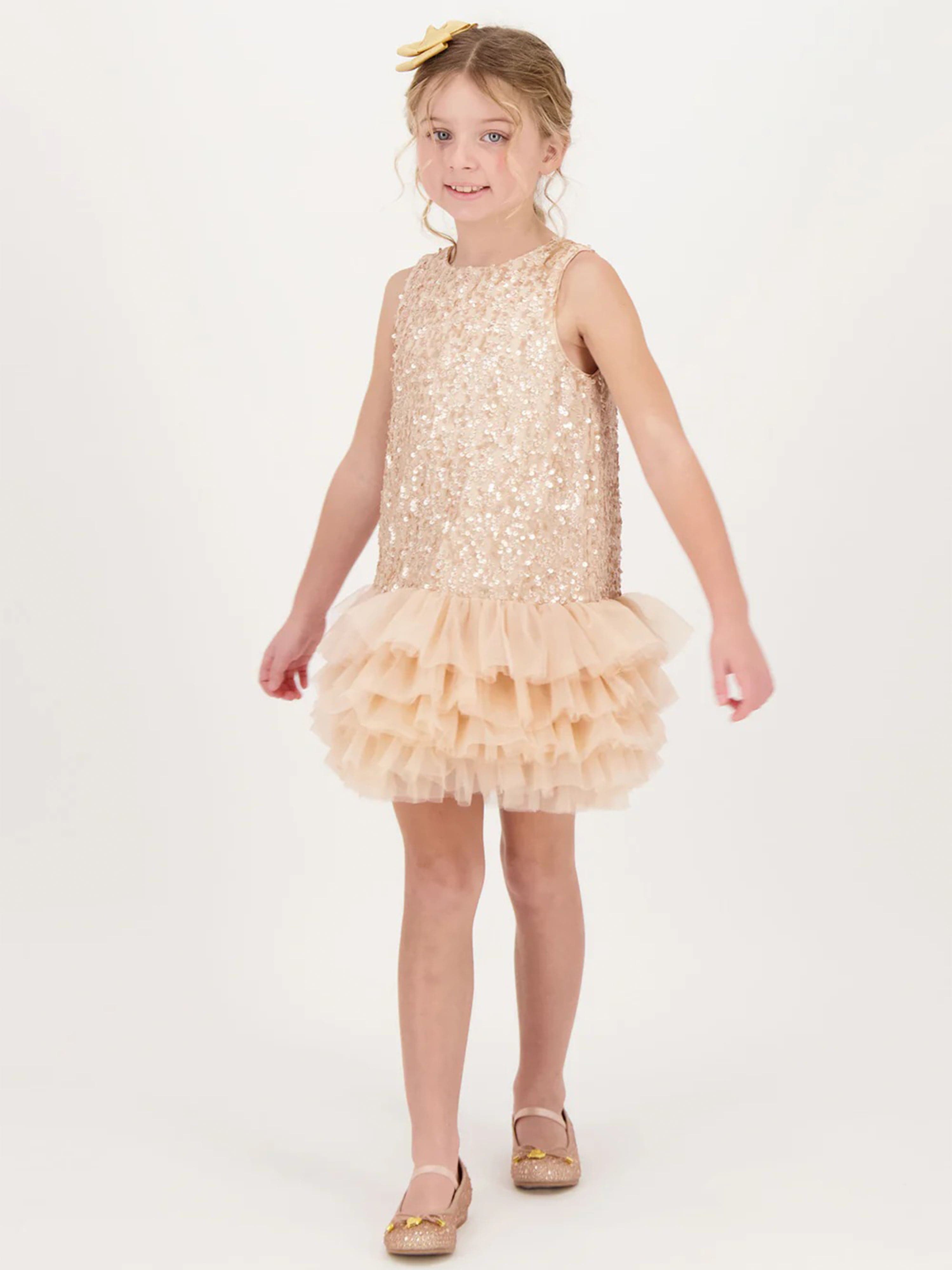 Girls Charleston Sequin Tulle Dress in Beige