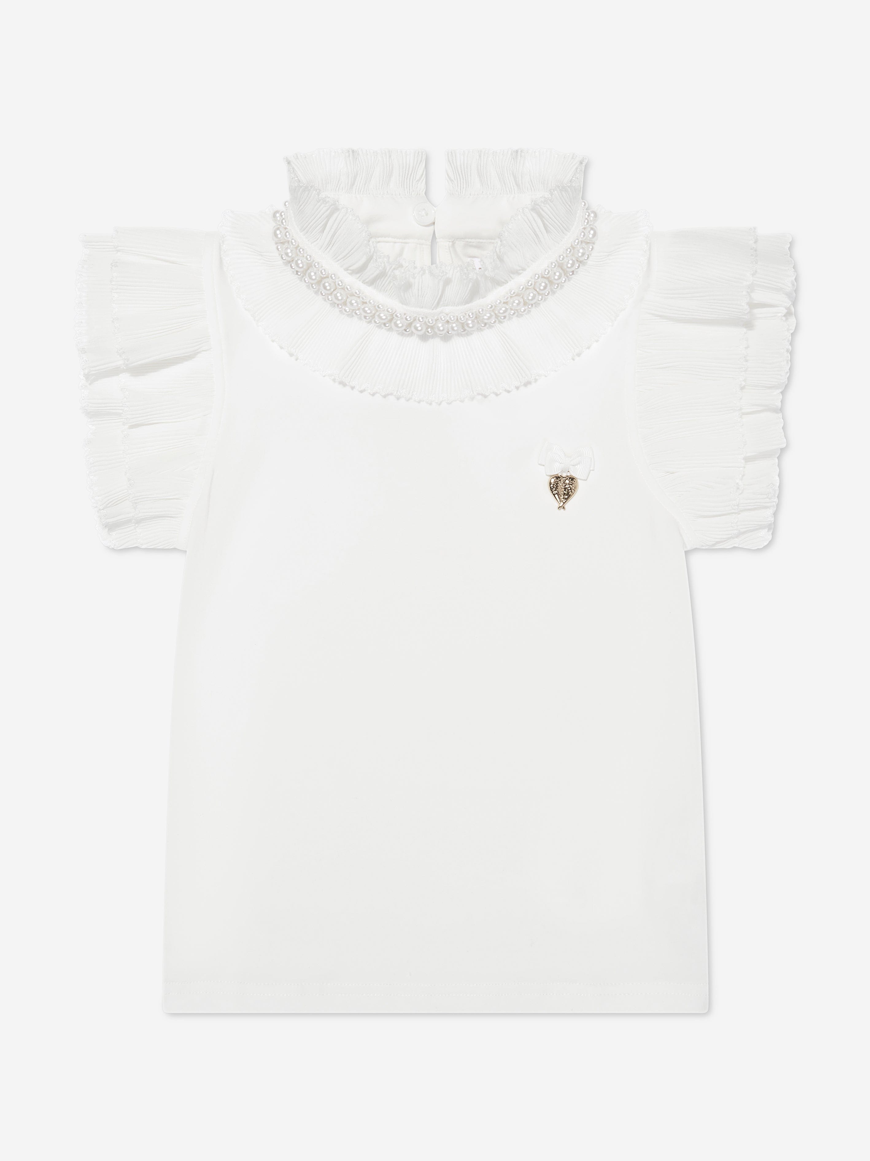 Girls Pearlee Pleated Pearl Collar Top in White