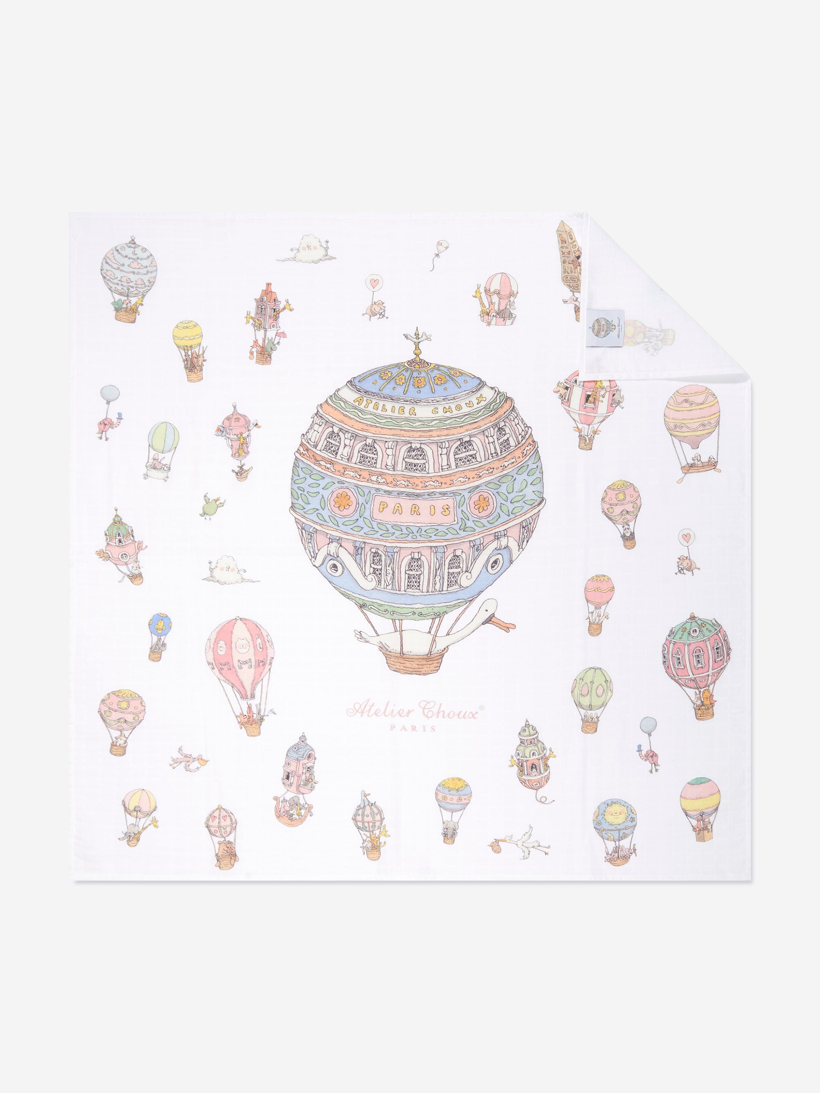 Atelier Choux Baby Hot Air Balloons Swaddle And Satin Bib Set in White