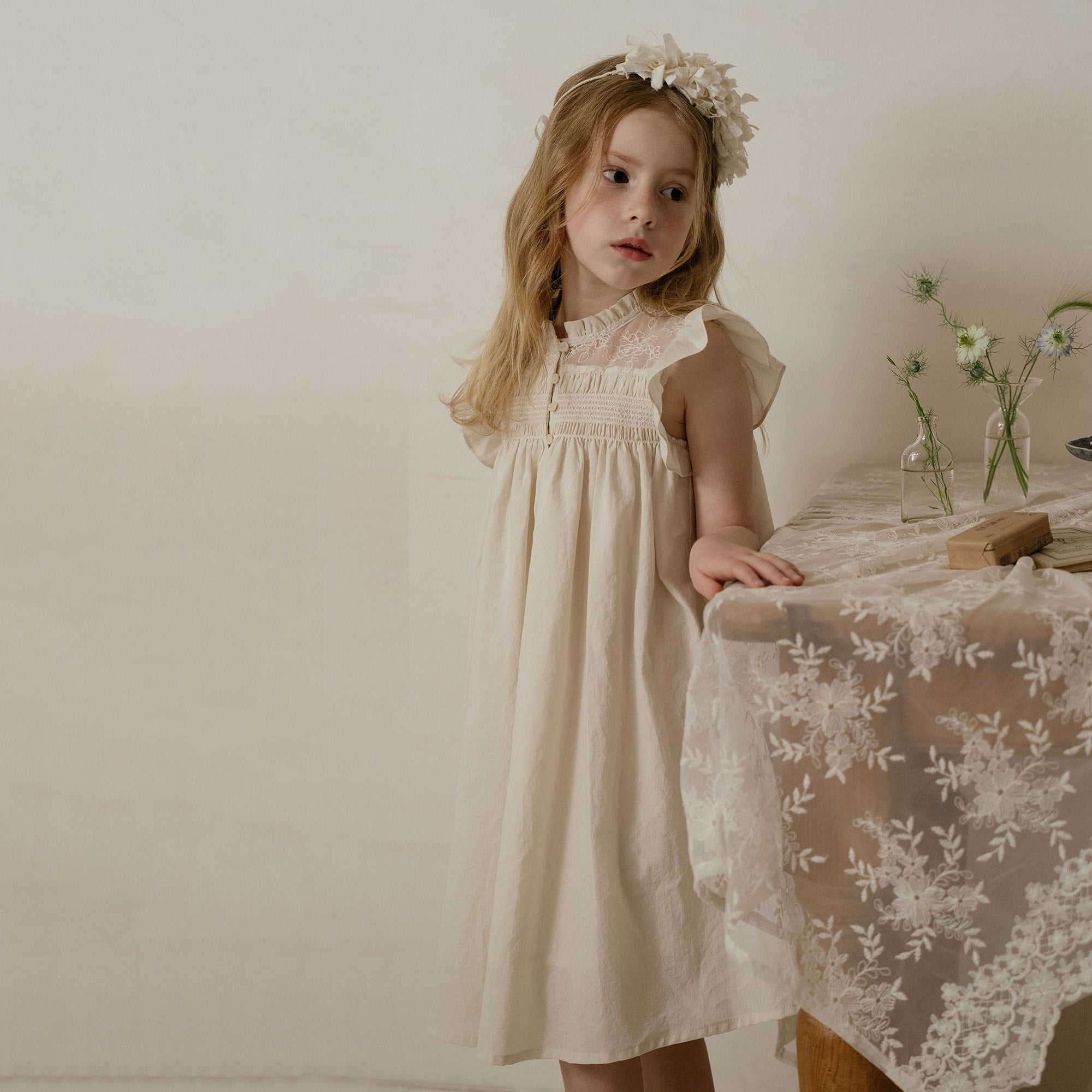 Girls Beige Lace Cotton Dress