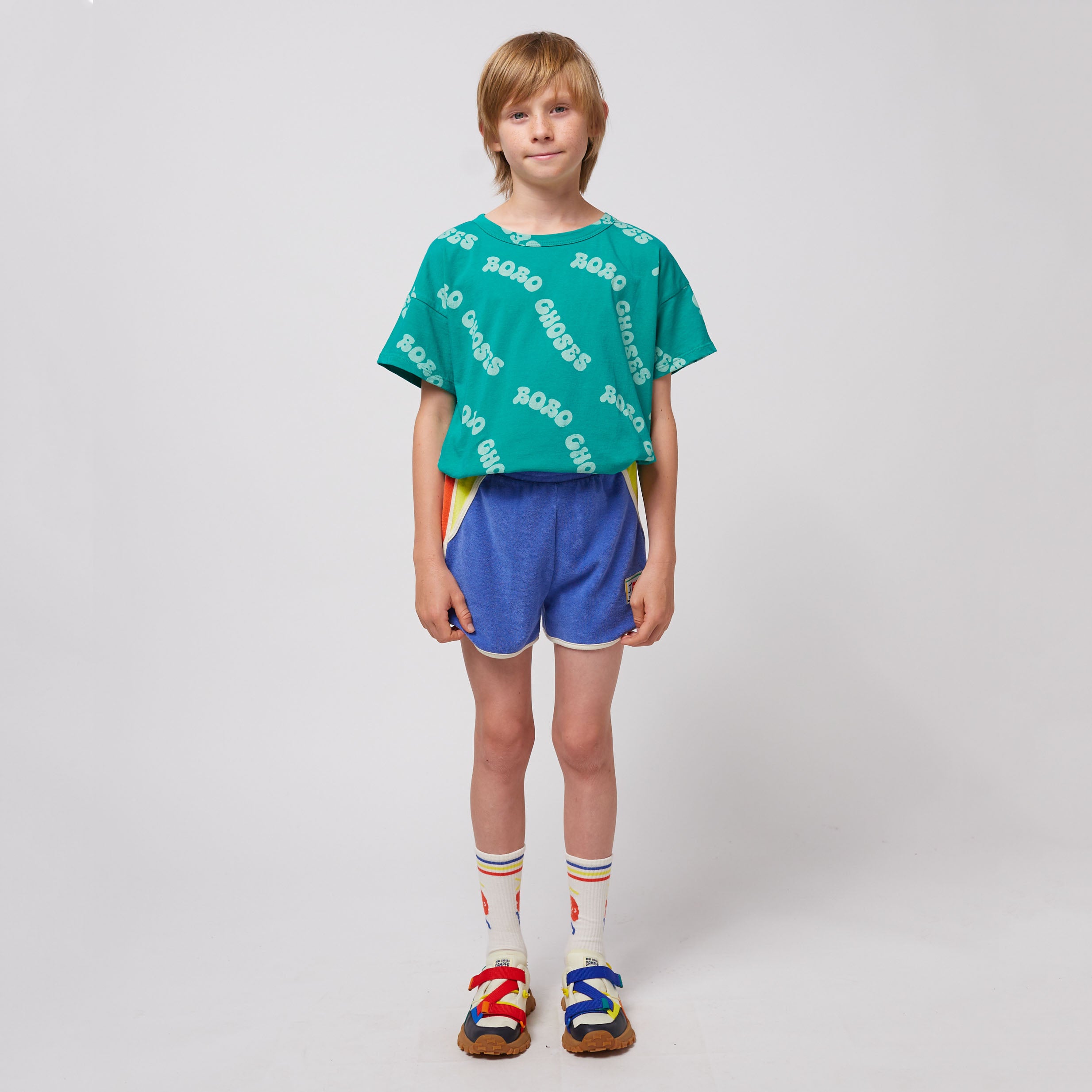 Girls Blue Embroidery Smiling Cotton Shorts