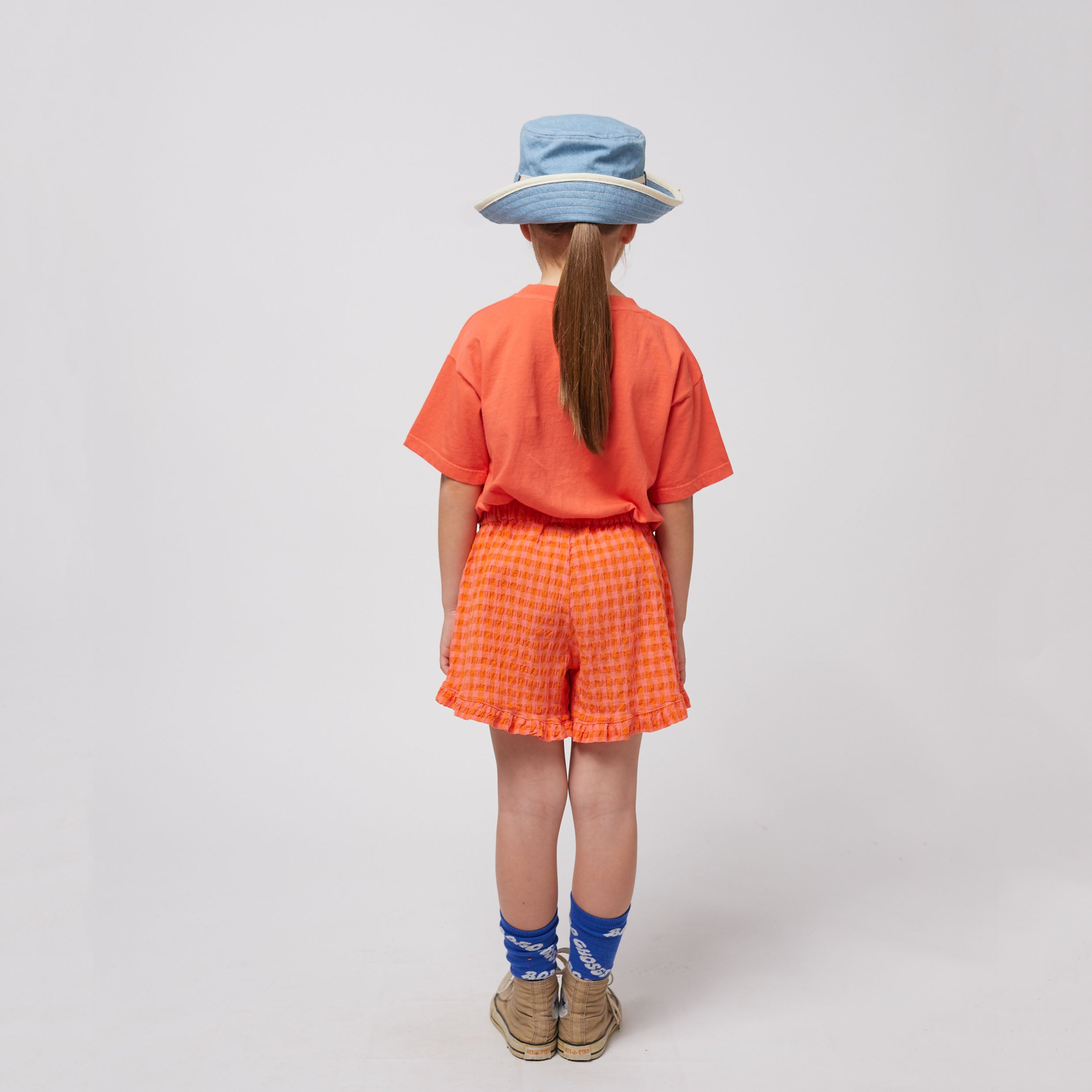 Girls Red Plaid Floral Embroidered Cotton Shorts