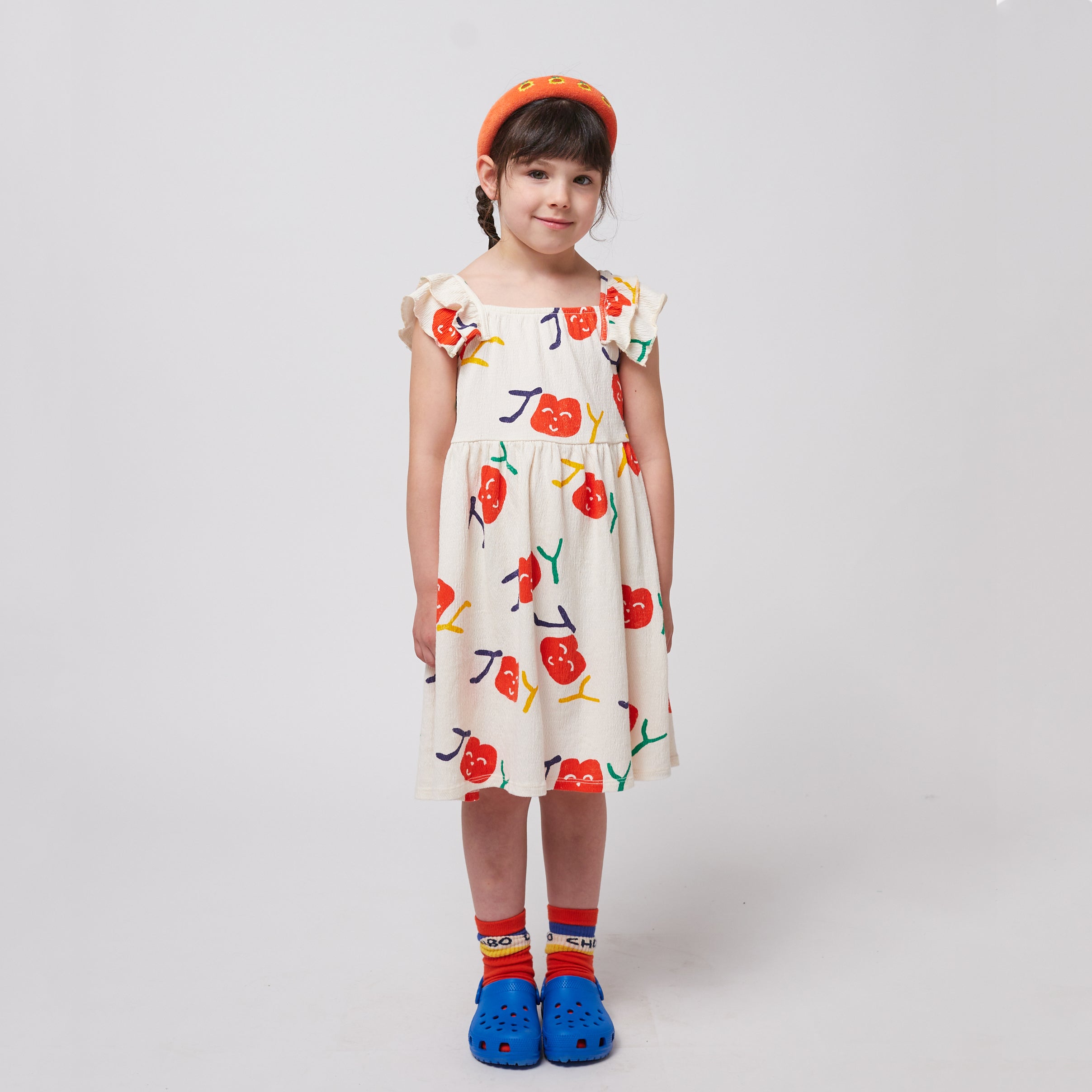Girls Beige Printed Logo Cotton Dress