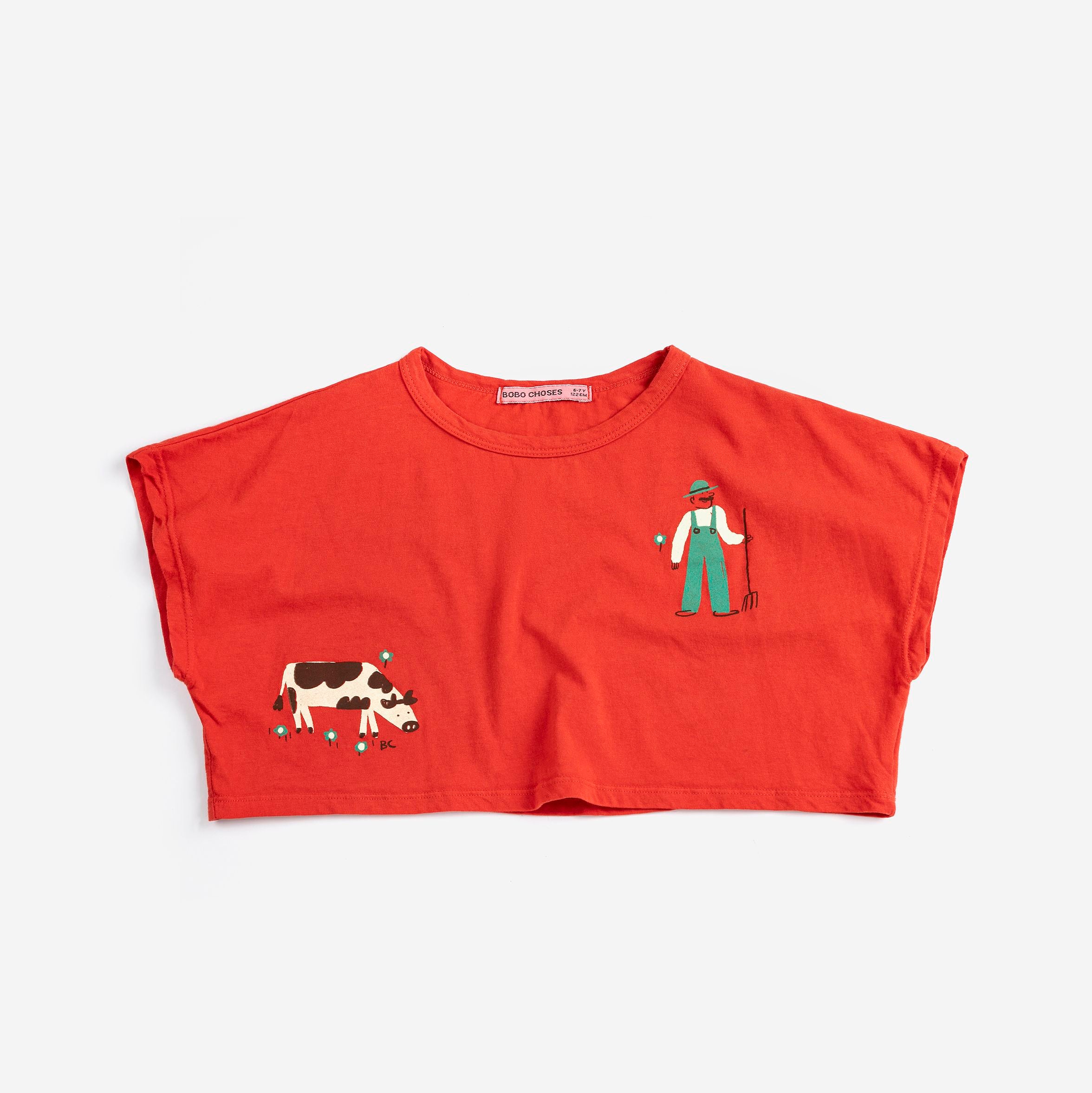 Girls Red Cow Printed Cotton Cropped T-Shirt