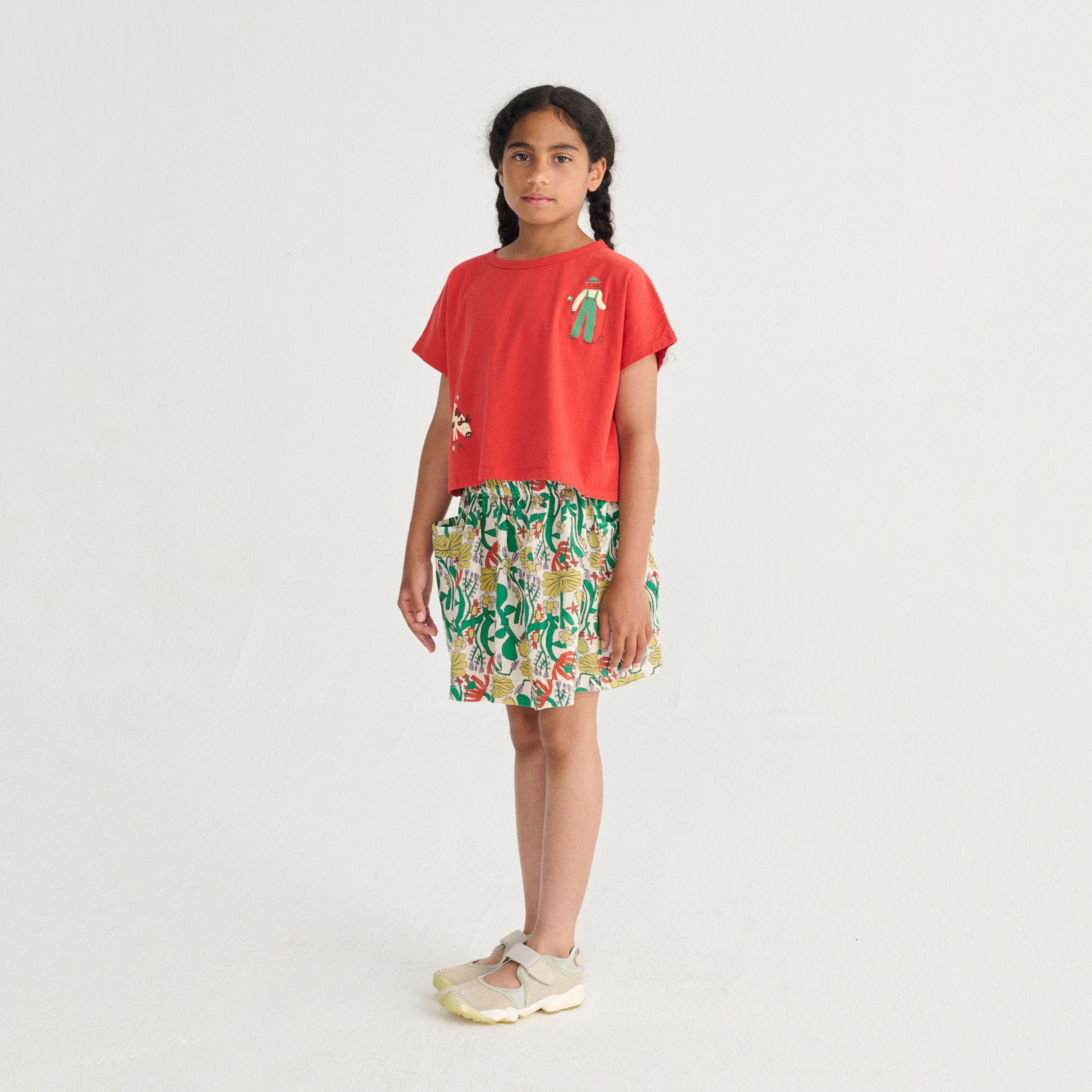 Girls Red Cow Printed Cotton Cropped T-Shirt