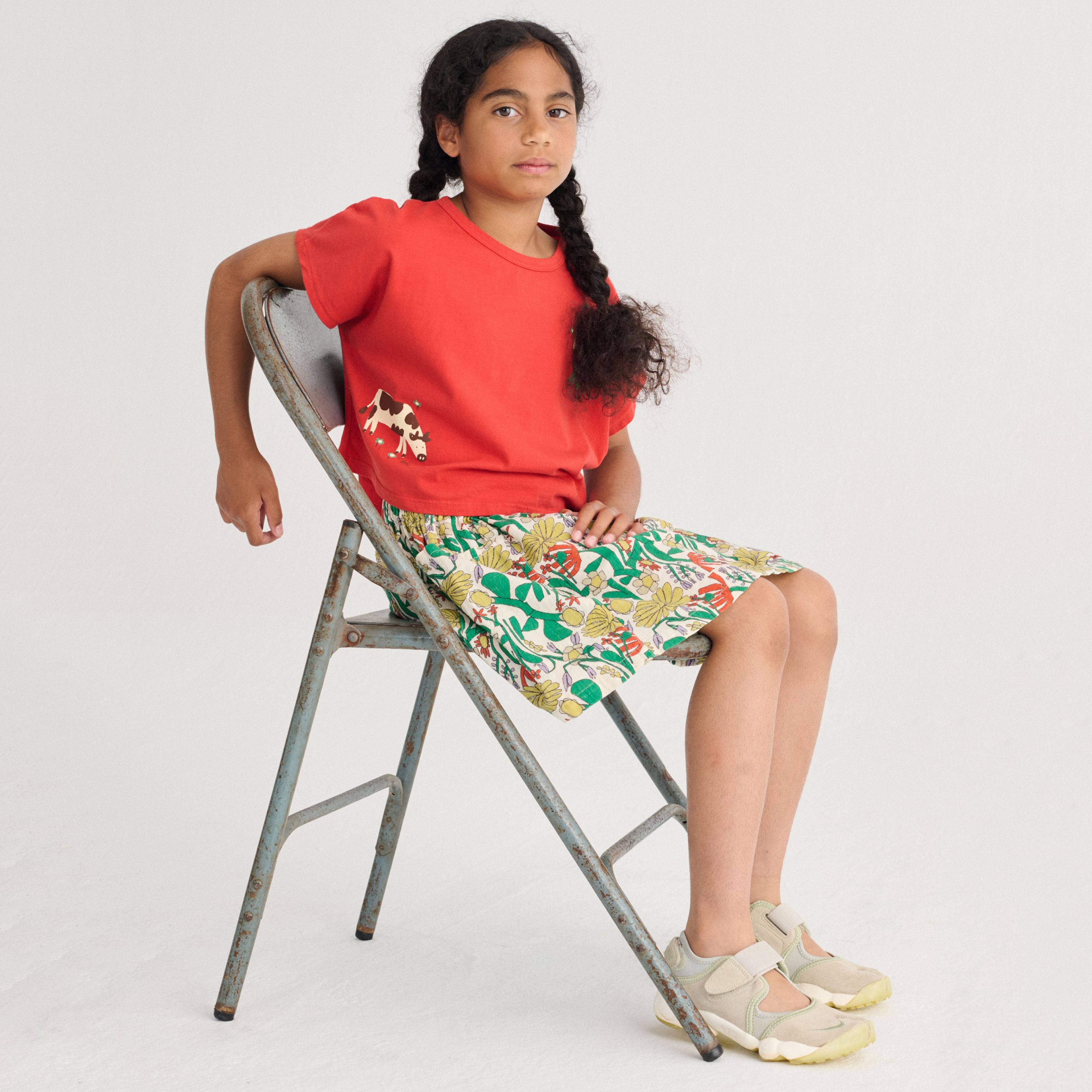Girls Red Cow Printed Cotton Cropped T-Shirt