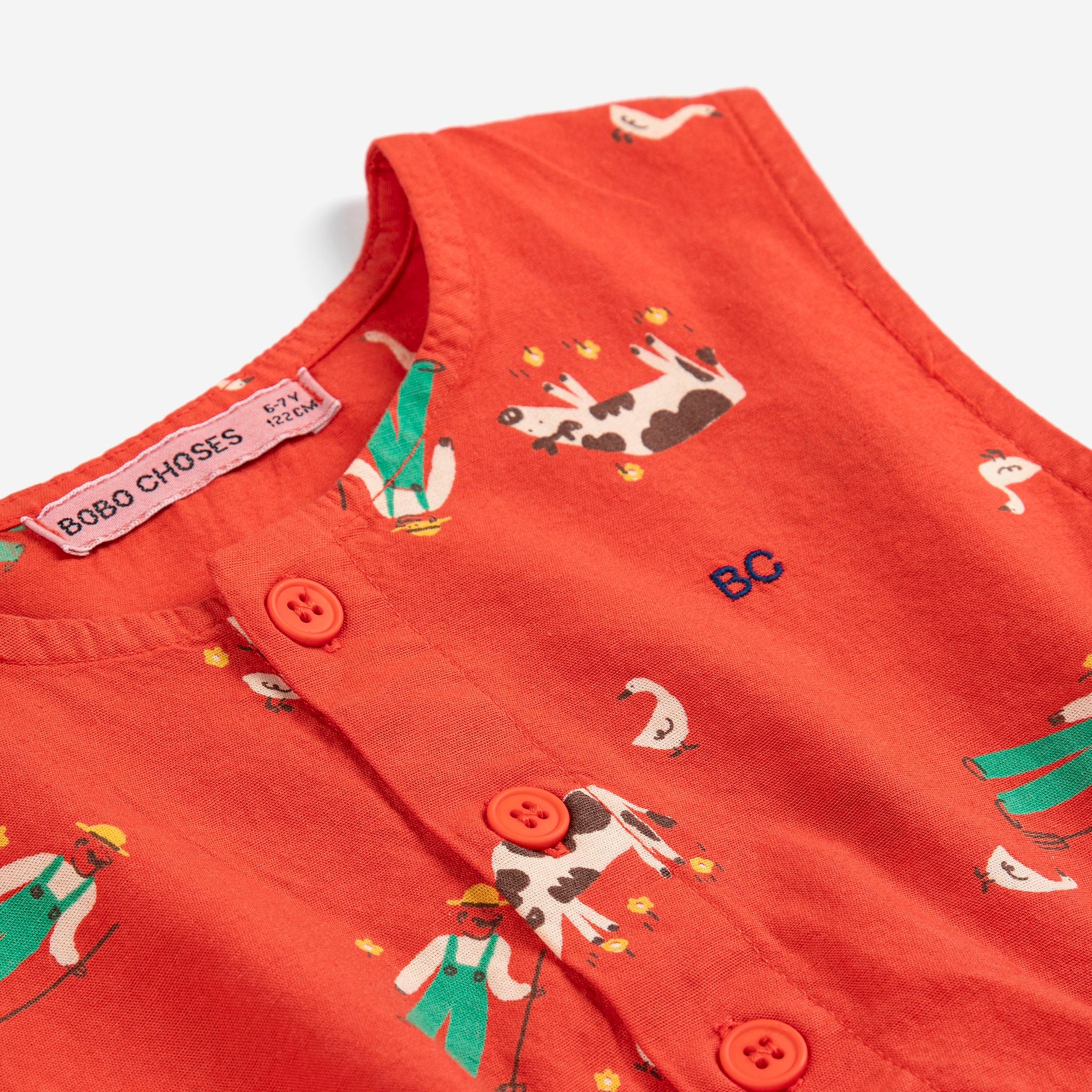 Girls Red Printed Cotton Dress