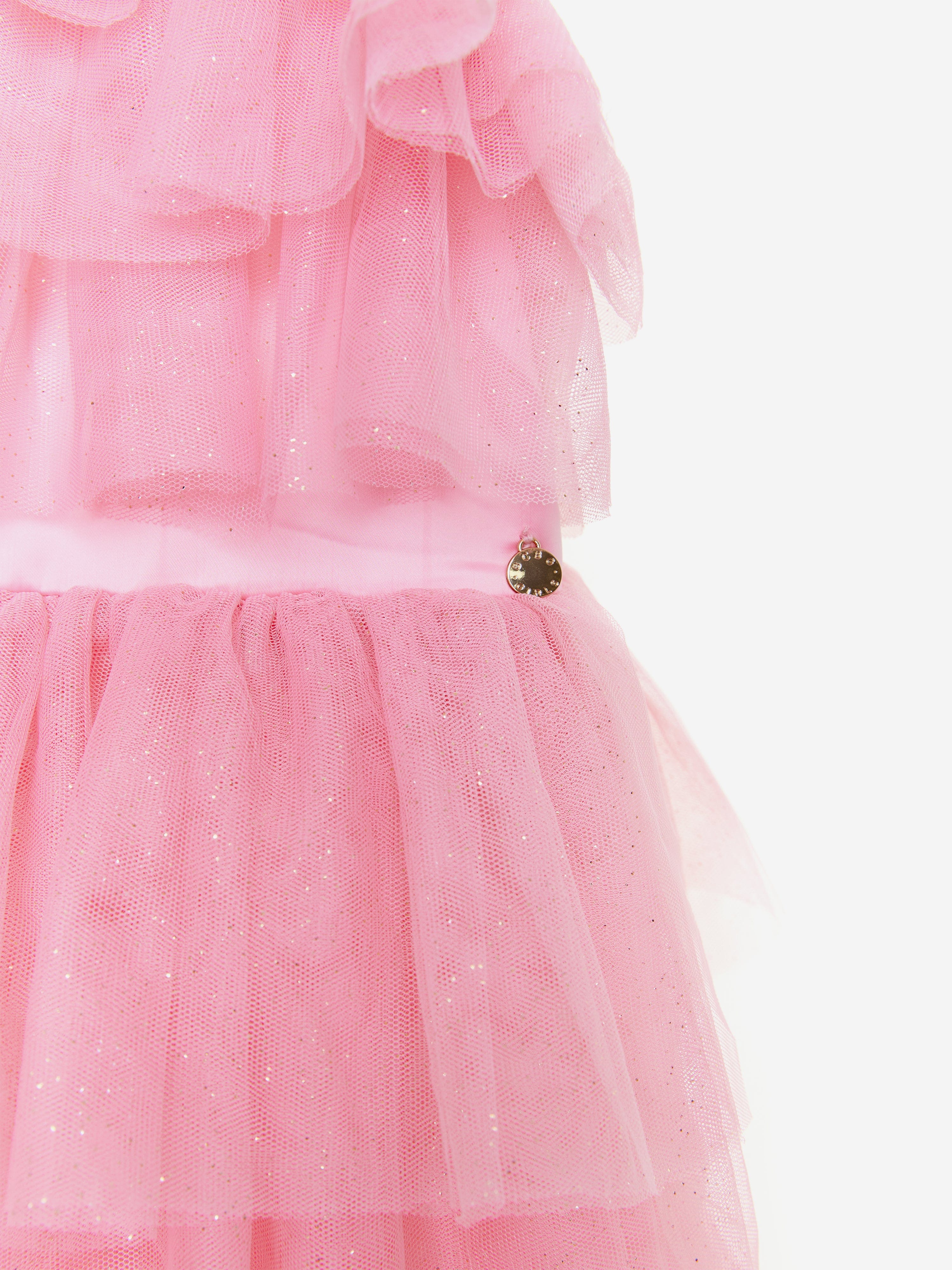 Girls Maxi Micro Plisse Tulle Dress in Pink