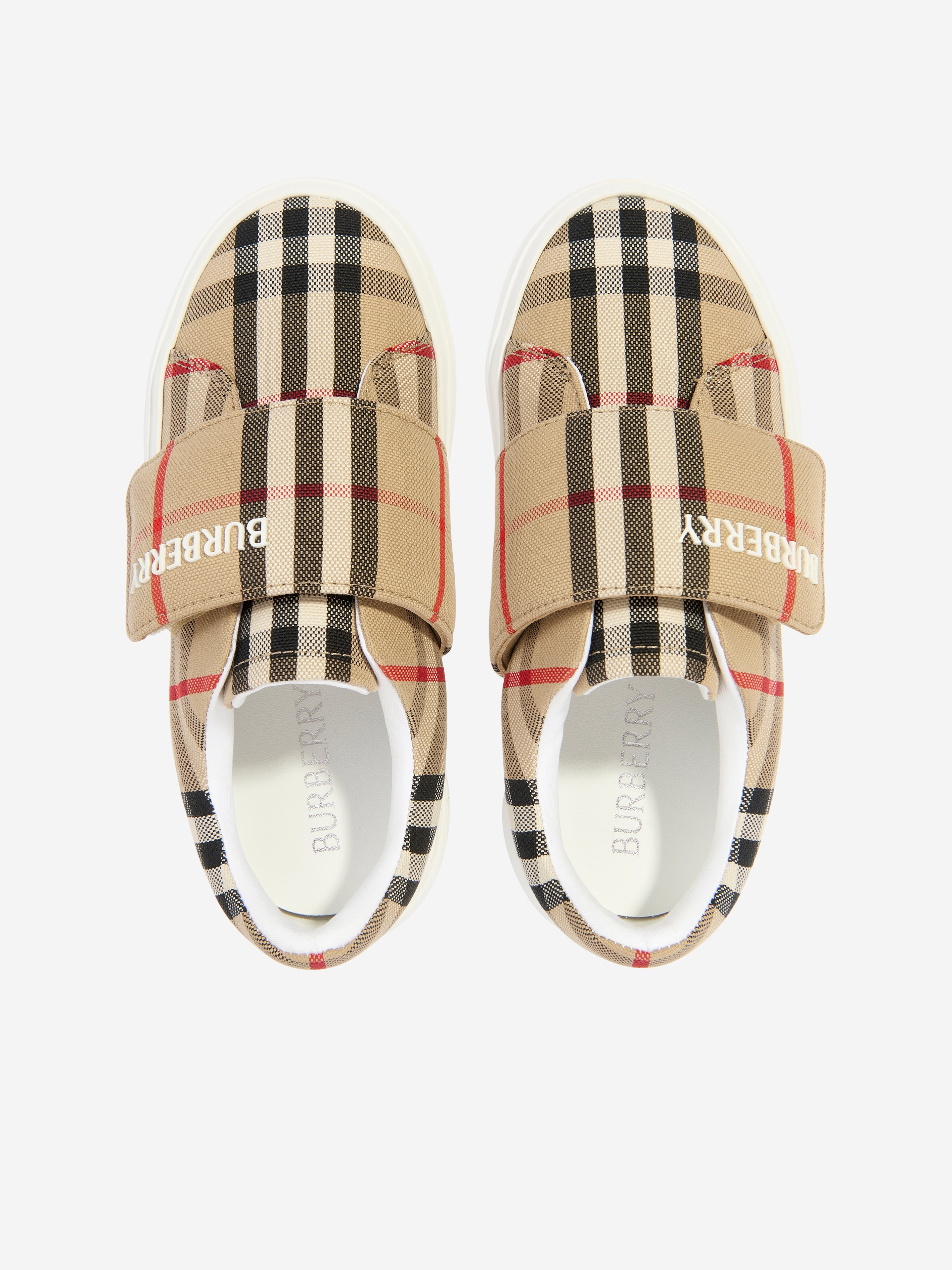 Kids Cotton Check Velcro Strap Trainers in Beige