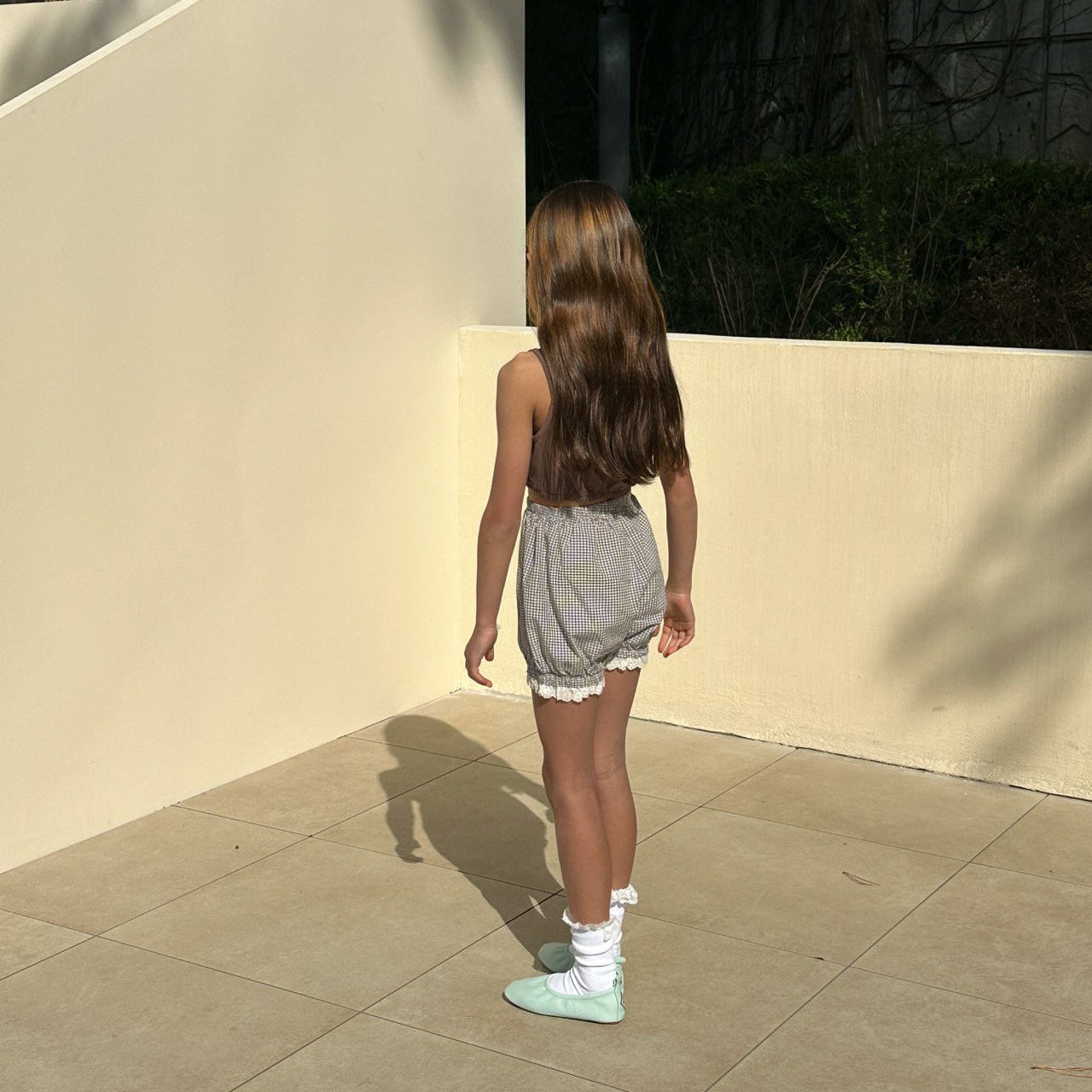 Girls Light Green Check Cotton Shorts