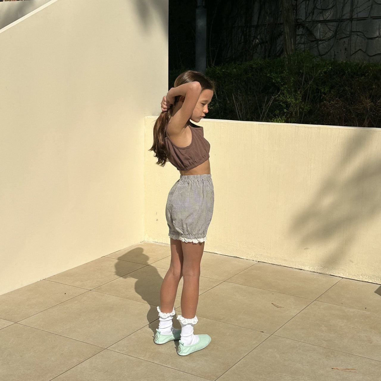 Girls Light Green Check Cotton Shorts
