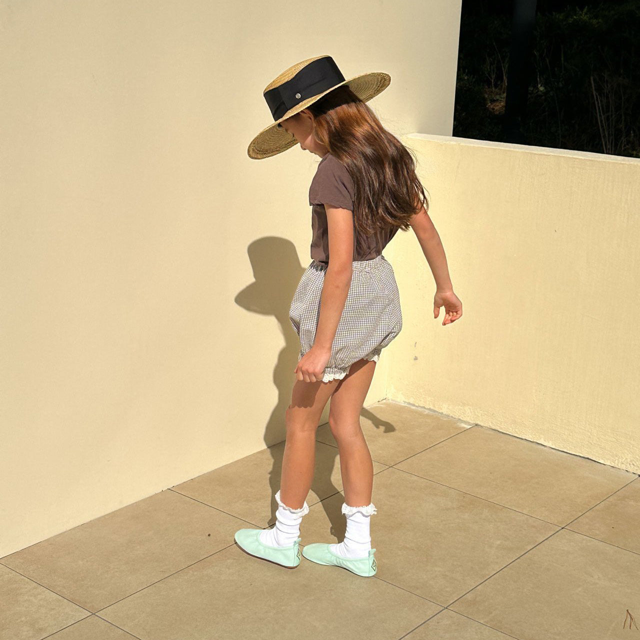 Girls Light Green Check Cotton Shorts