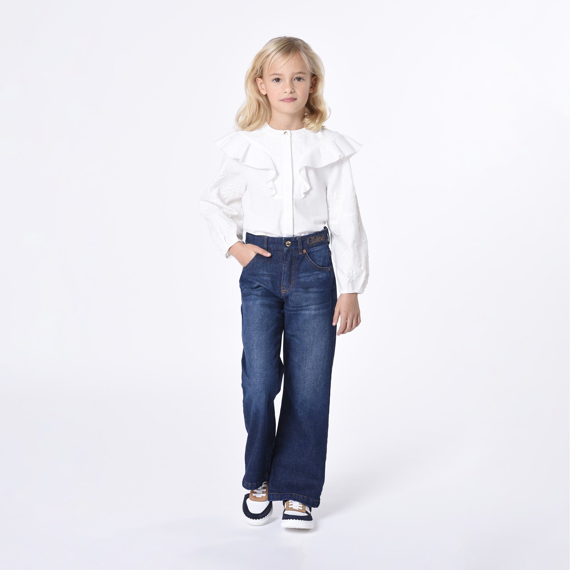 Girls White Ruffled Cotton Shirt