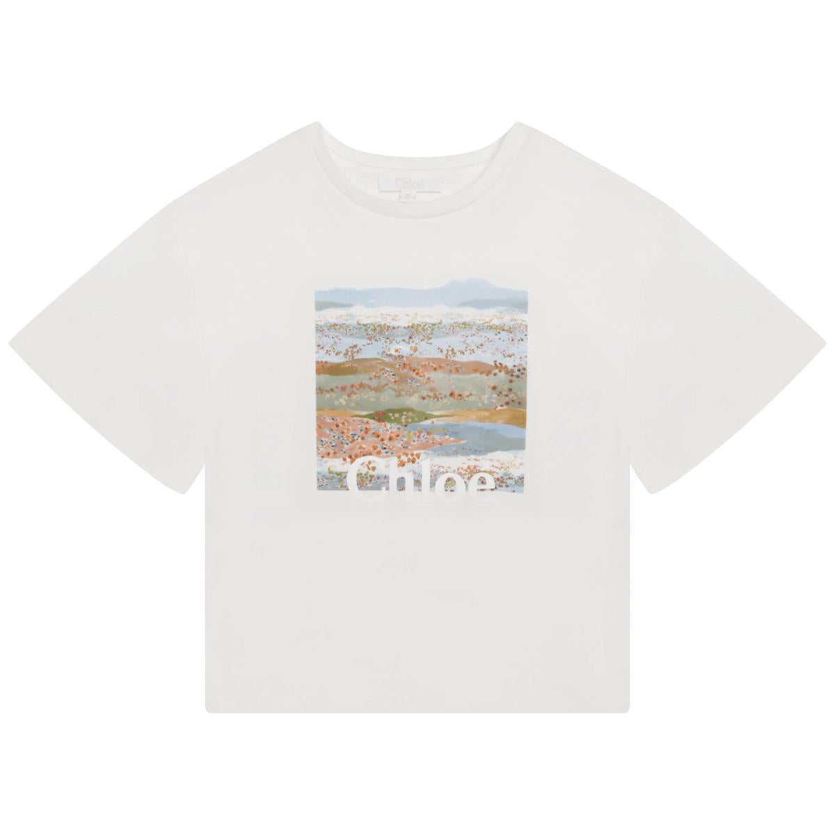 Girls White Printed Cotton T-Shirt