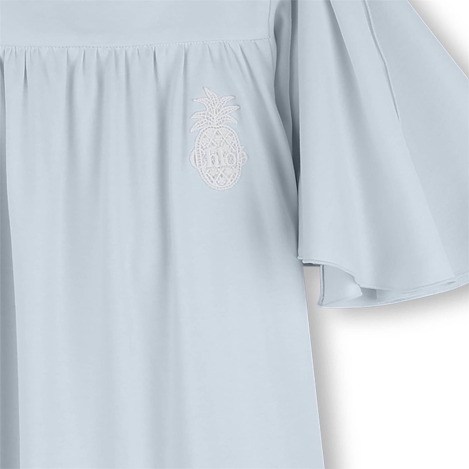 Girls Light Blue Pineapple Embroidered Cotton Dress