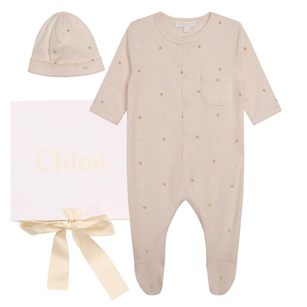 Baby Girls Beige Cotton Babysuit Set