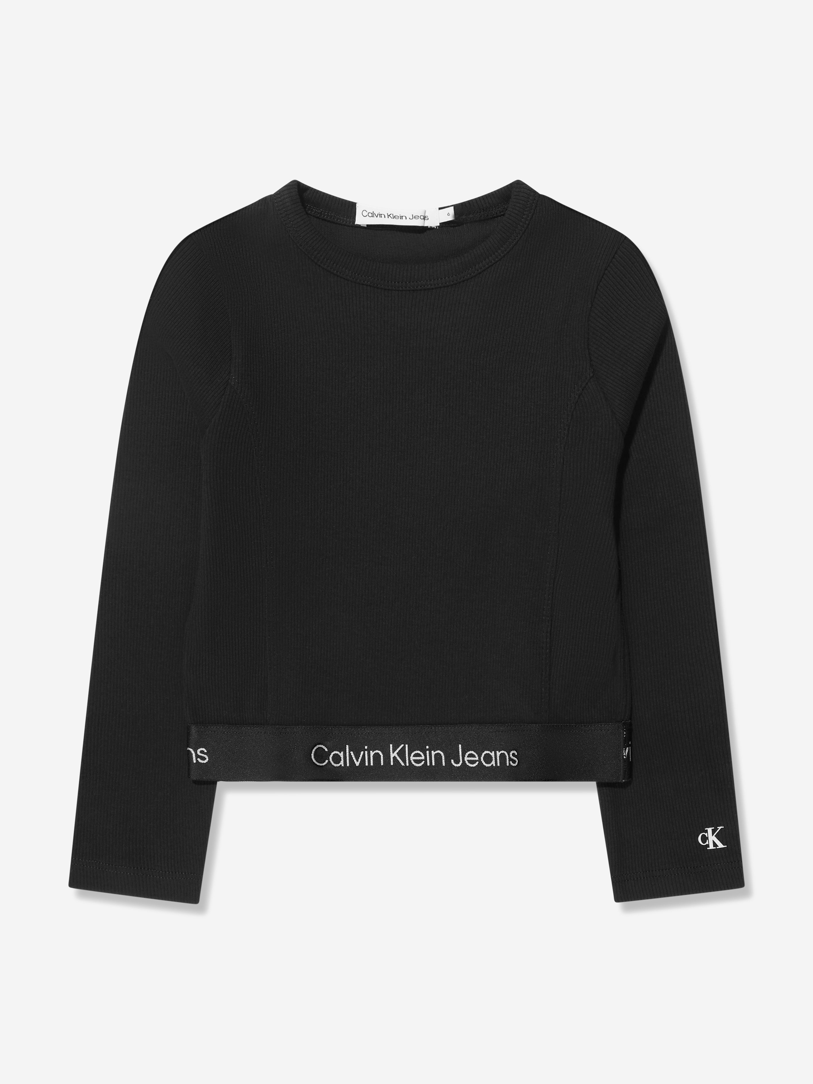 Calvin Klein Girls Rib Tape Long Sleeve Top in Black