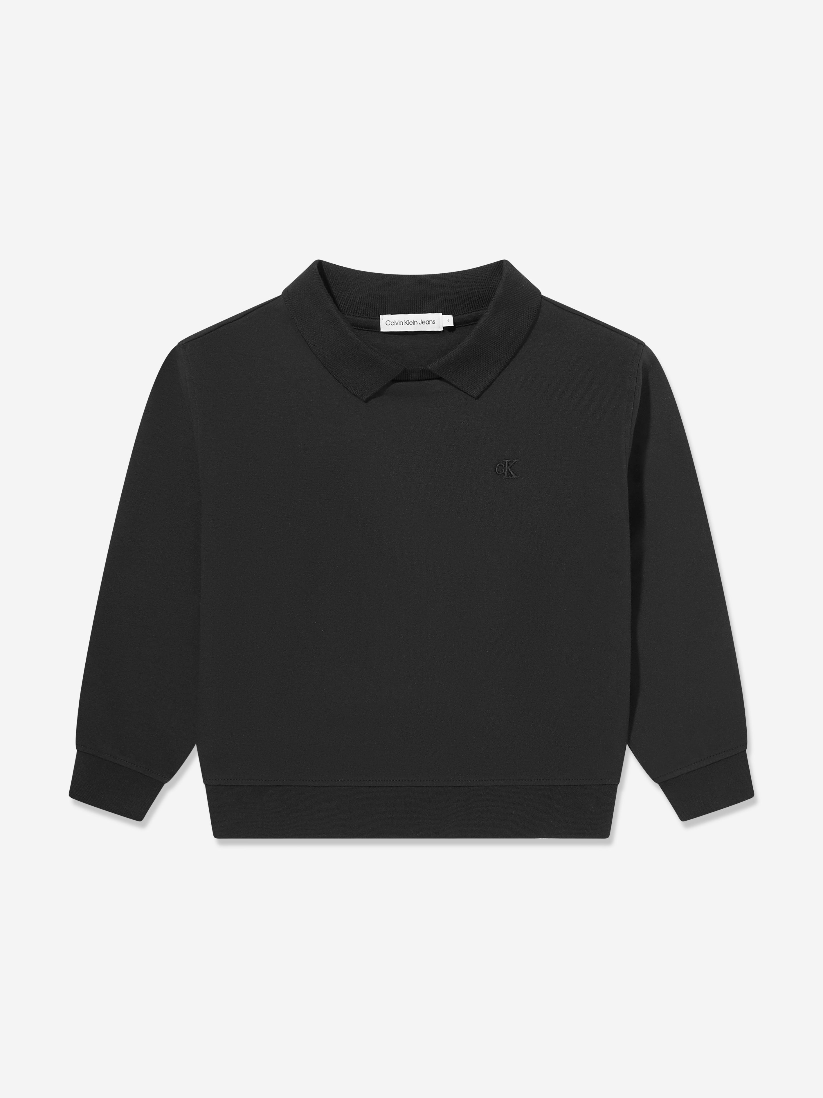 Calvin Klein Boys Polo Collar Monogram Sweatshirt in Black