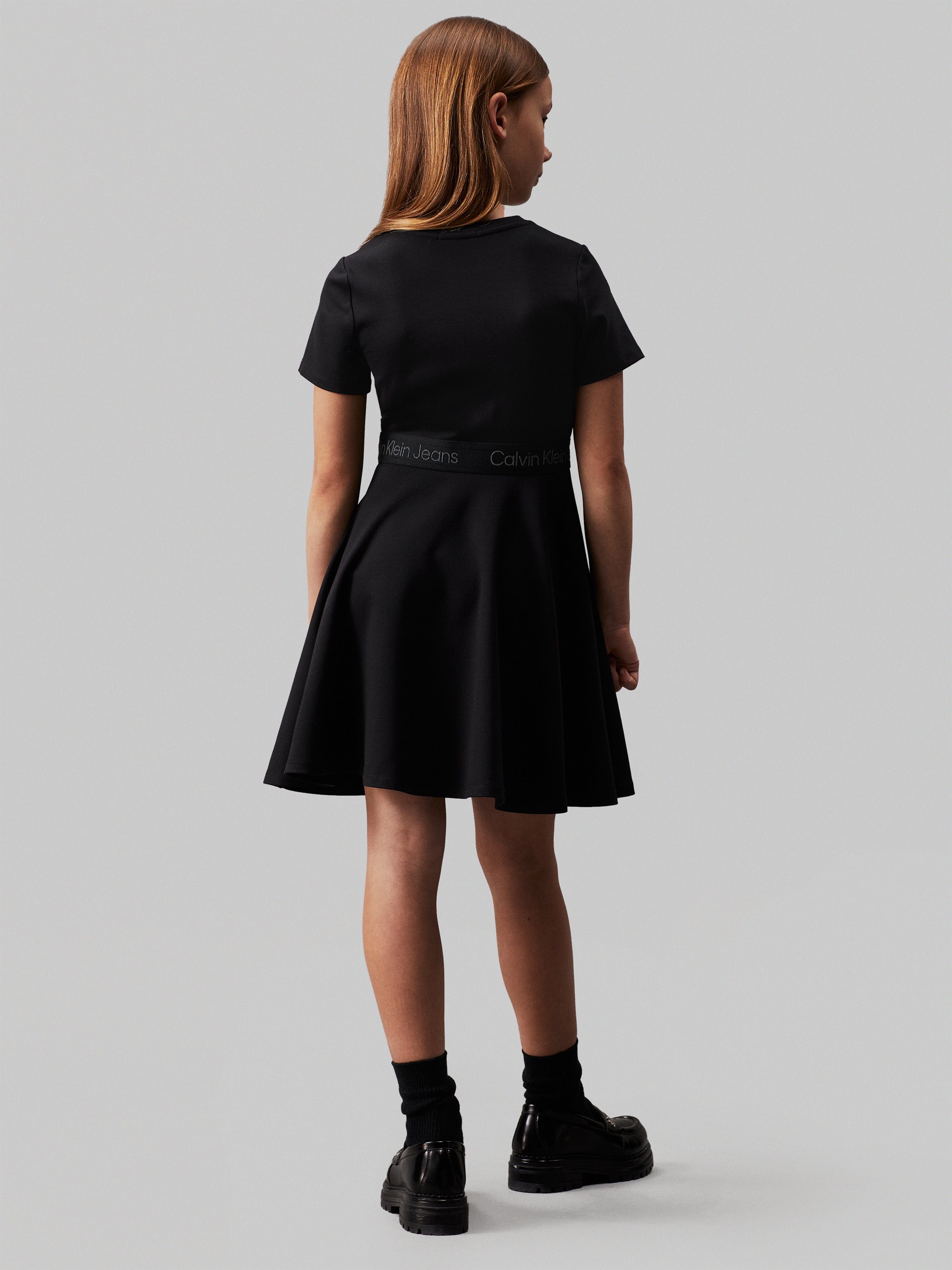 Calvin Klein Girls Punto Tape Fit Flare Dress in Black