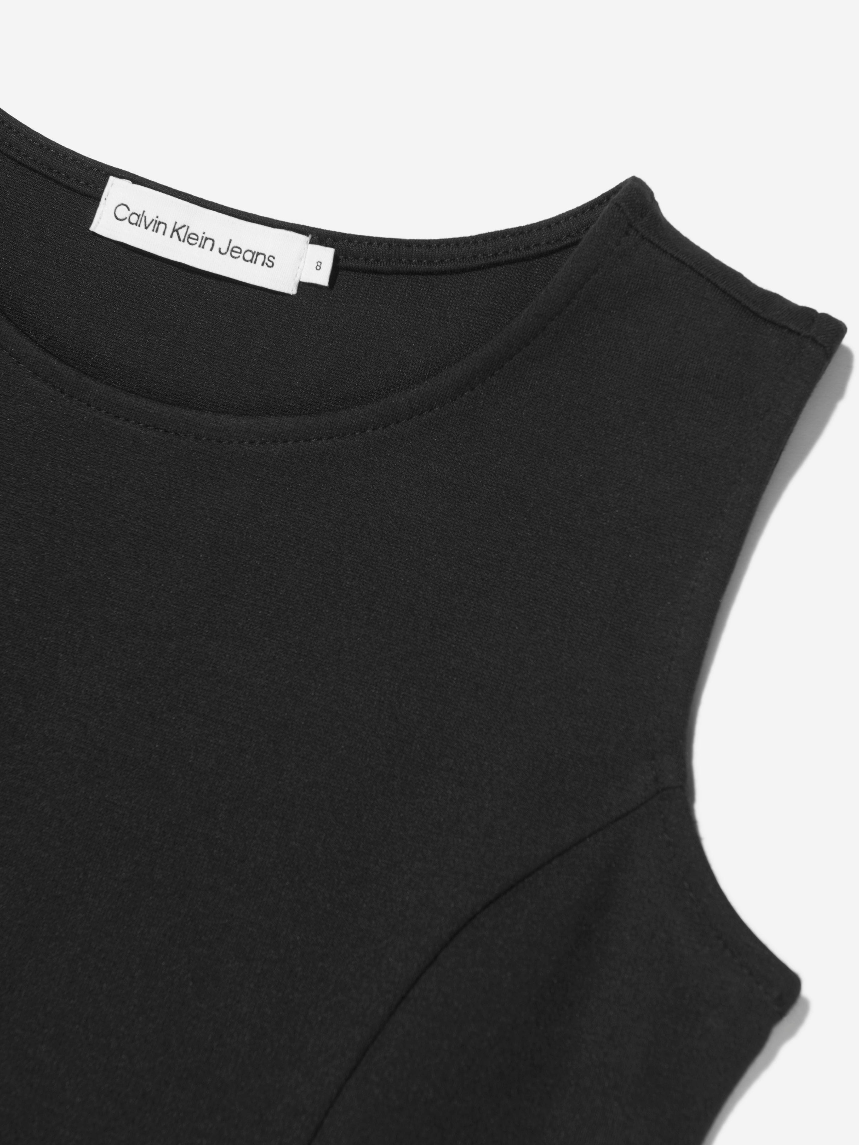 Calvin Klein Girls Logo Tape Punto Sleeveless Dress in Black