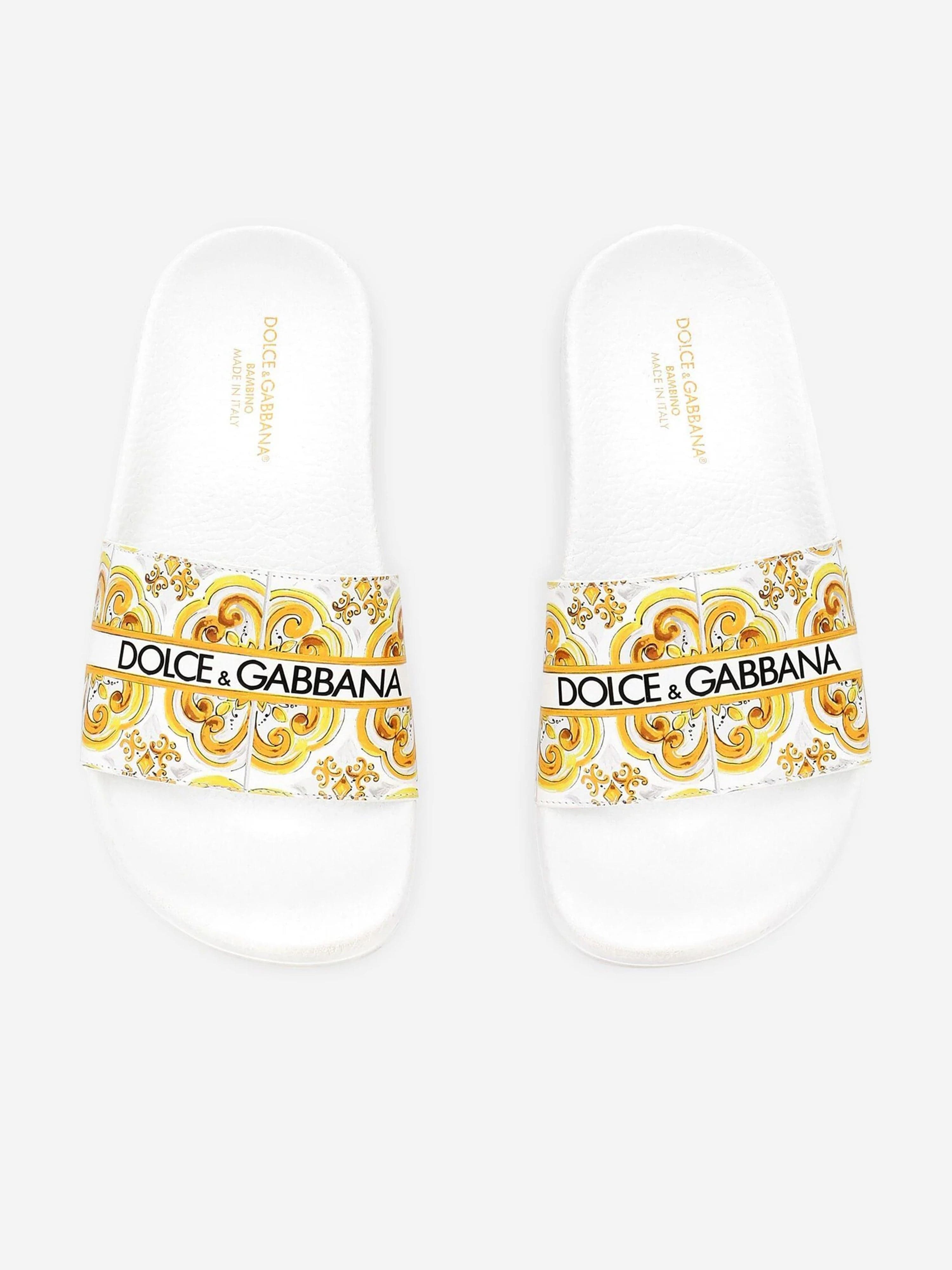 Dolce & Gabbana Girls Leather Maiolica Sliders in Yellow