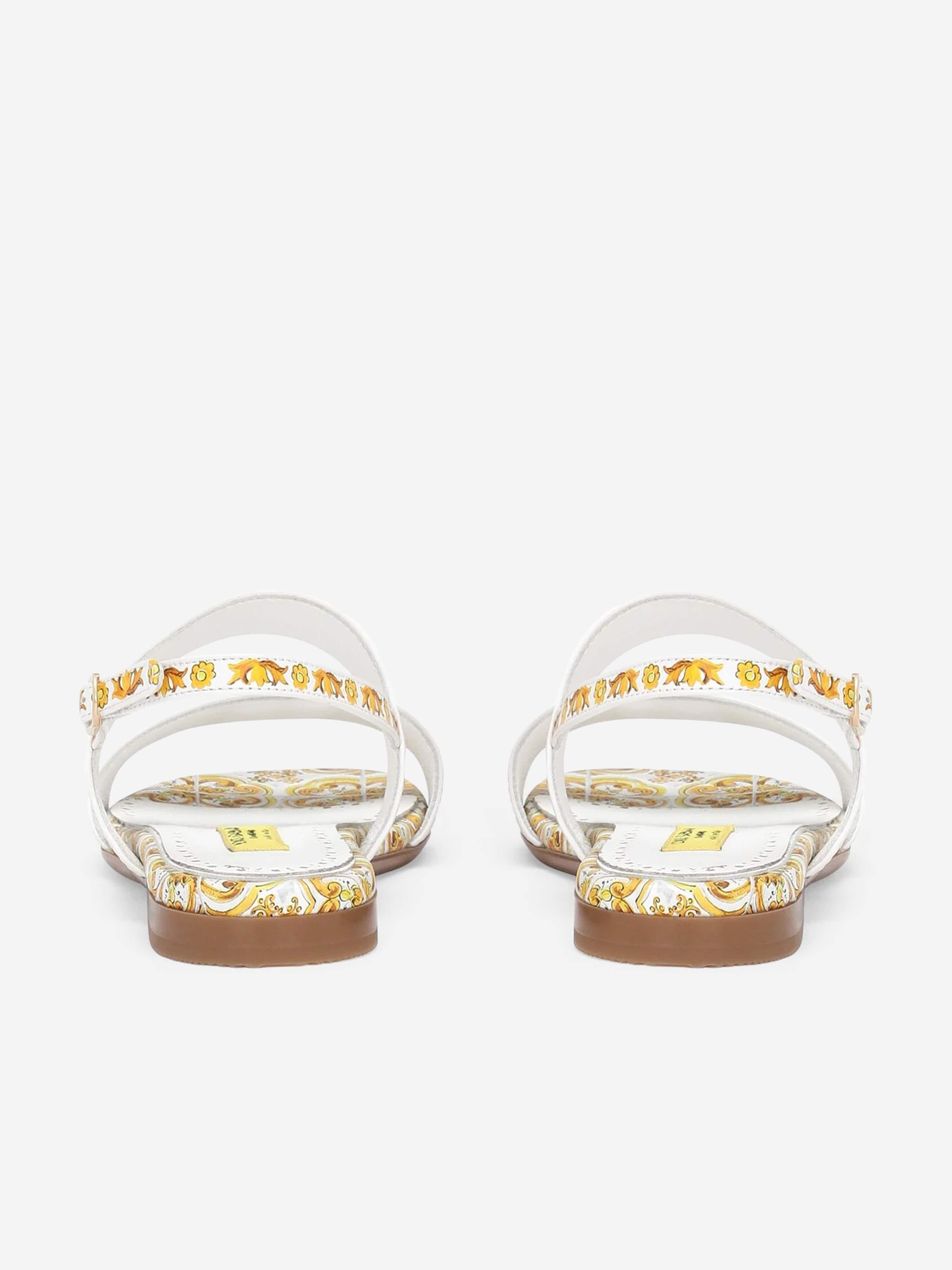 Dolce & Gabbana Girls Leather Maiolica Sandals in Yellow