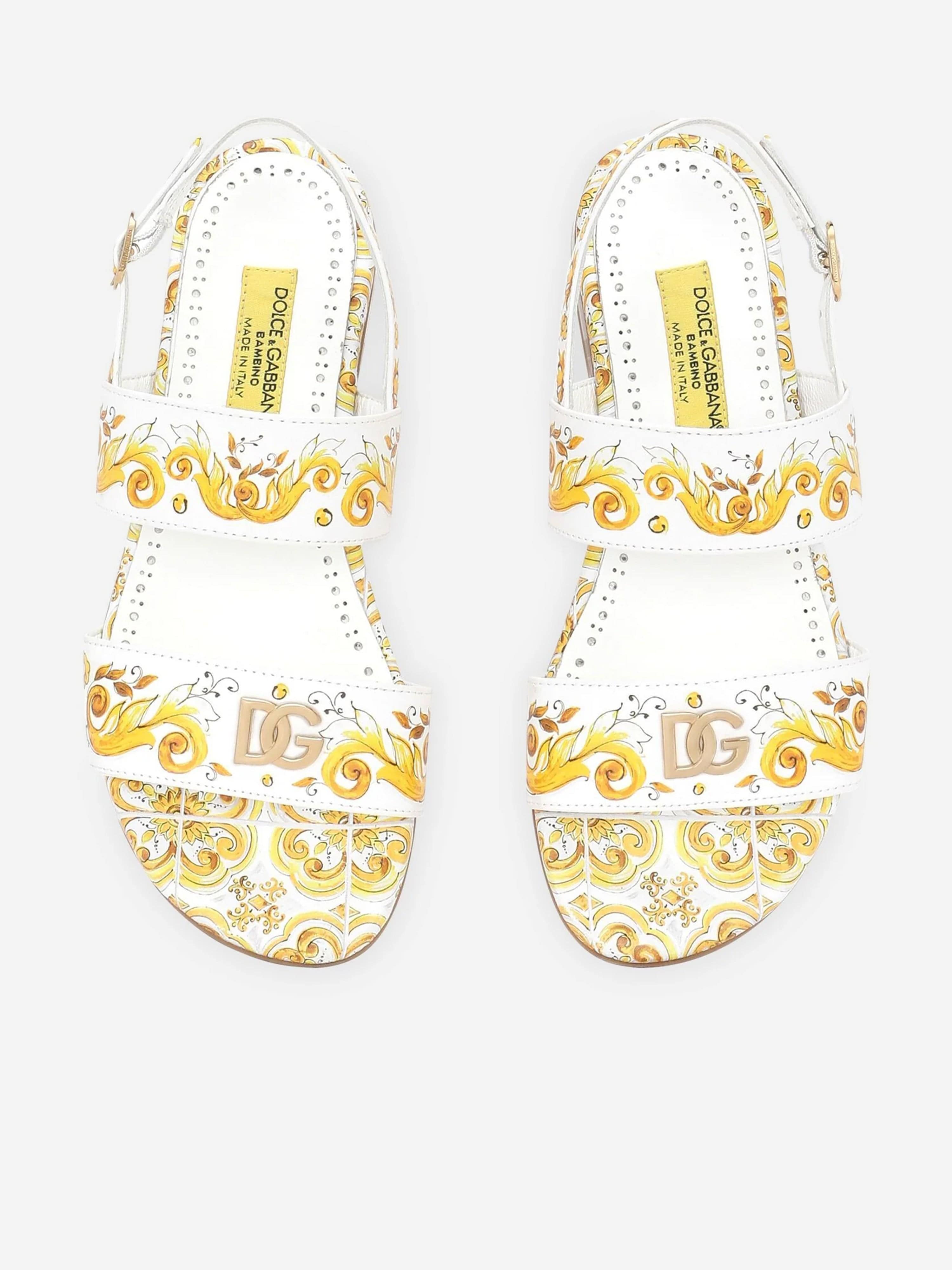 Dolce & Gabbana Girls Leather Maiolica Sandals in Yellow