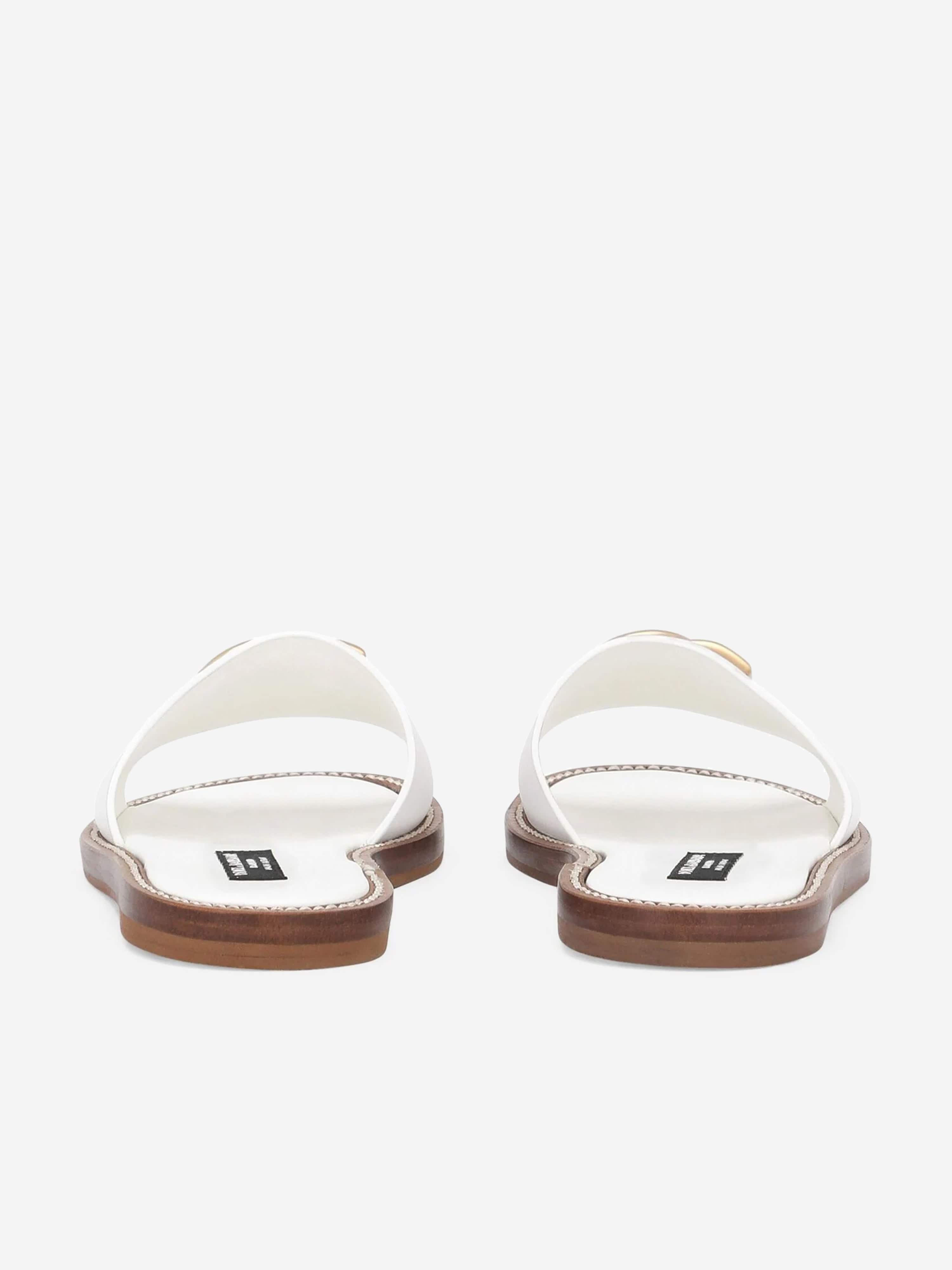 Dolce & Gabbana Girls Leather Logo Flat Slides in White