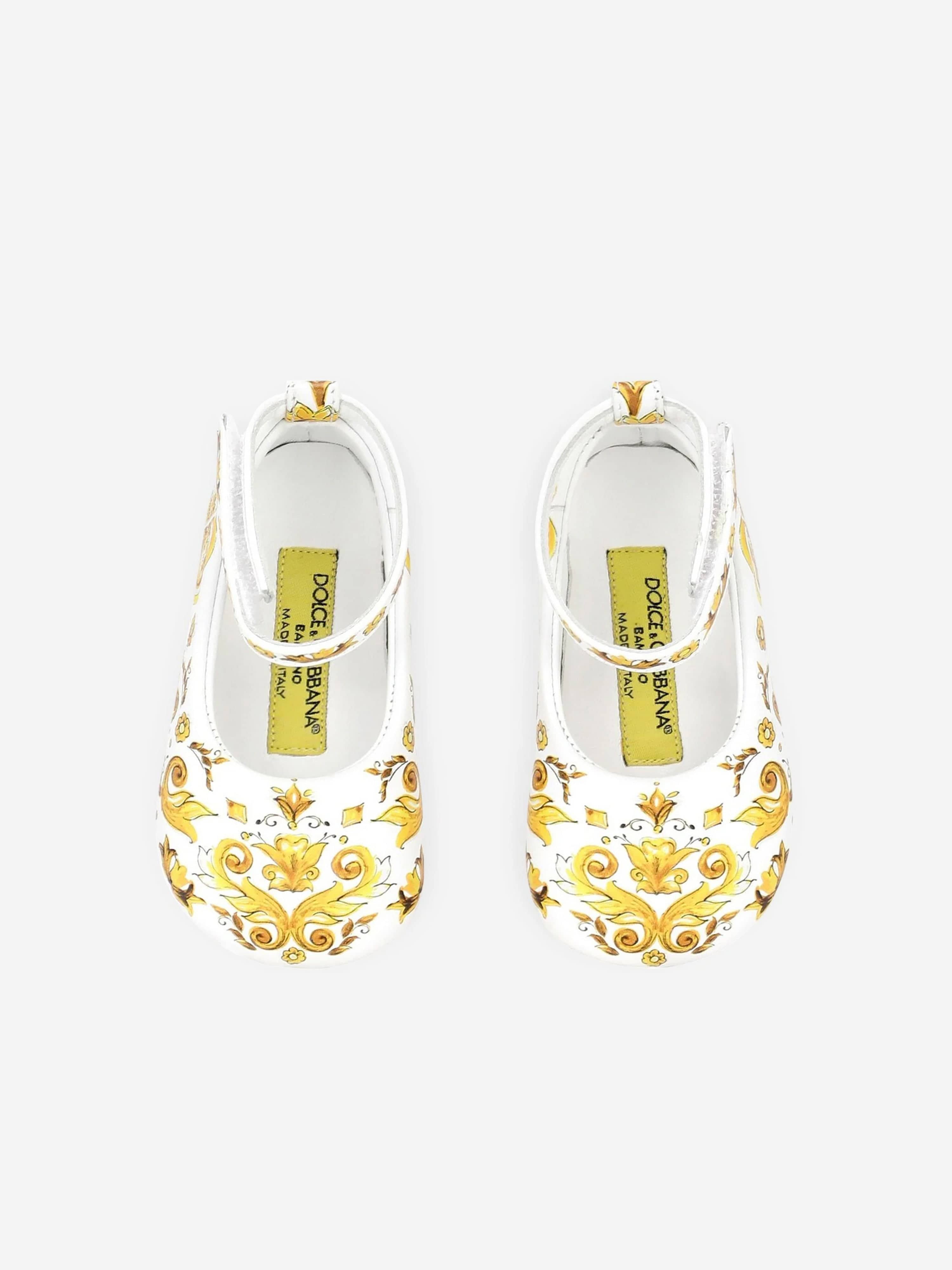 Dolce & Gabbana Baby Girls Leather Maiolica Pre-Walkers in Yellow