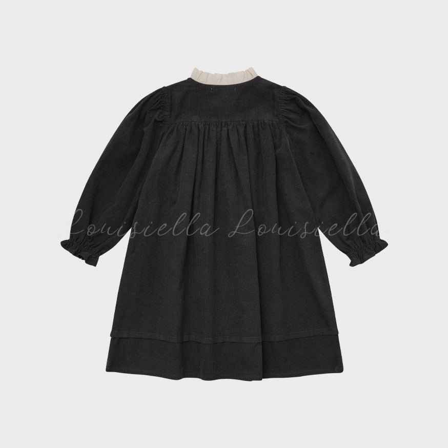Girls Charcoal Embroidered Corduroy Dress