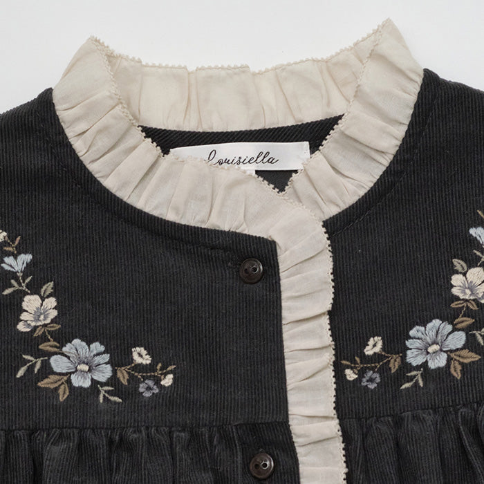 Girls Charcoal Embroidered Corduroy Dress