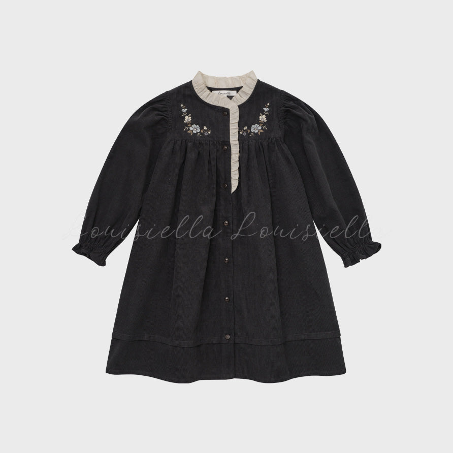 Girls Charcoal Embroidered Corduroy Dress