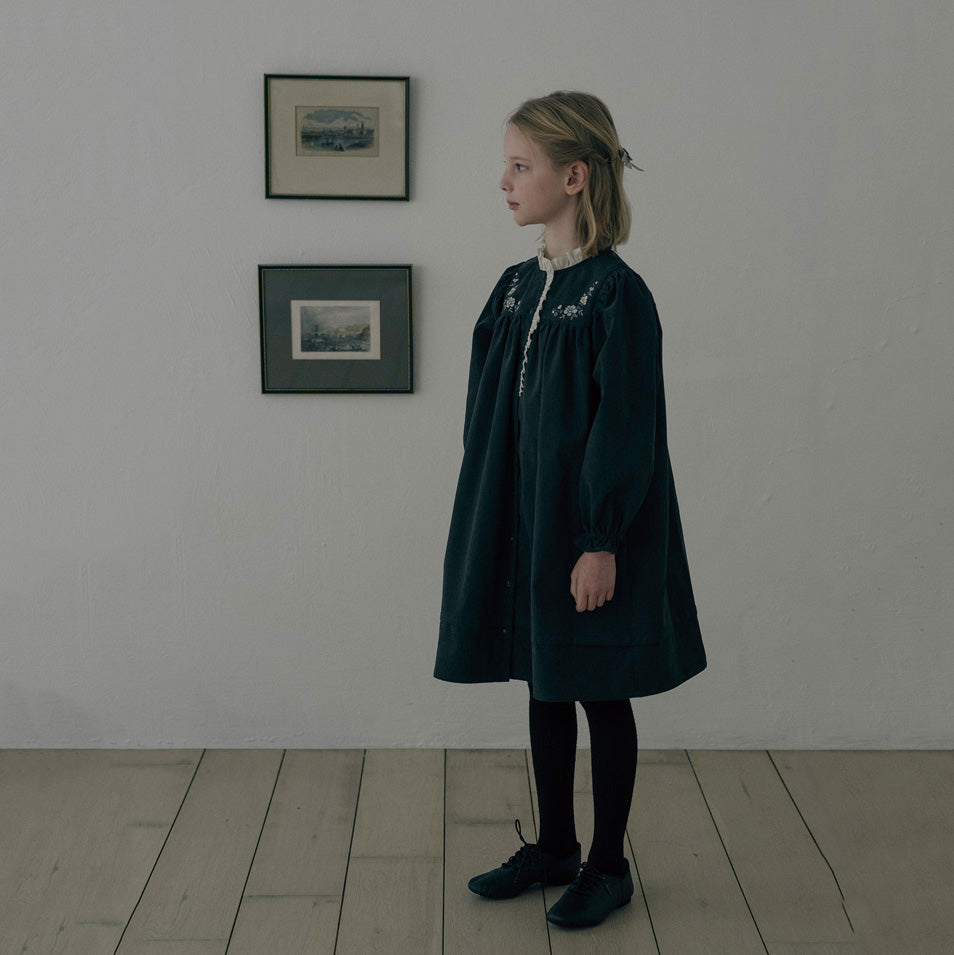 Girls Charcoal Embroidered Corduroy Dress