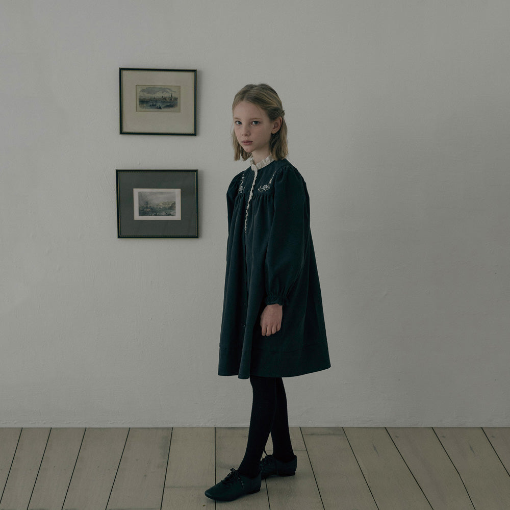 Girls Charcoal Embroidered Corduroy Dress