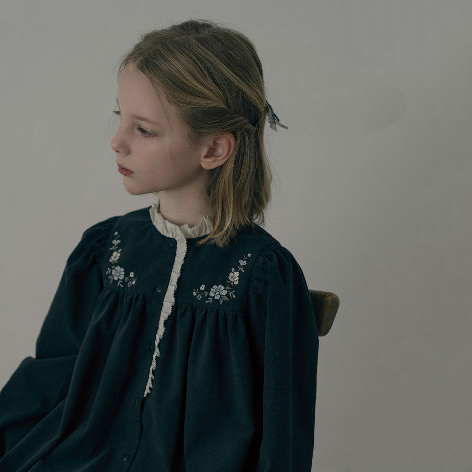 Girls Charcoal Embroidered Corduroy Dress