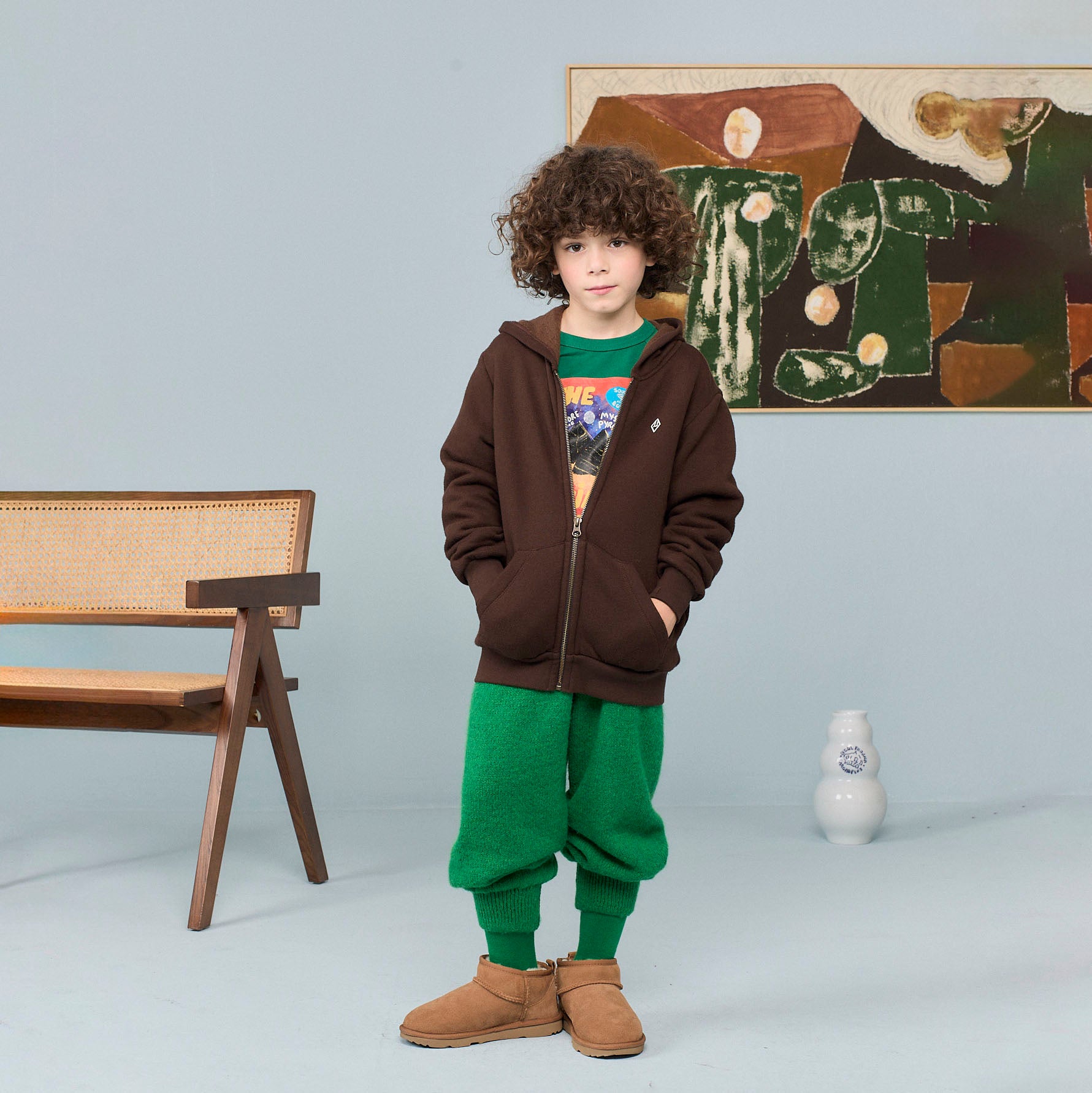 Boys & Girls Brown Cotton Zip-Up Top