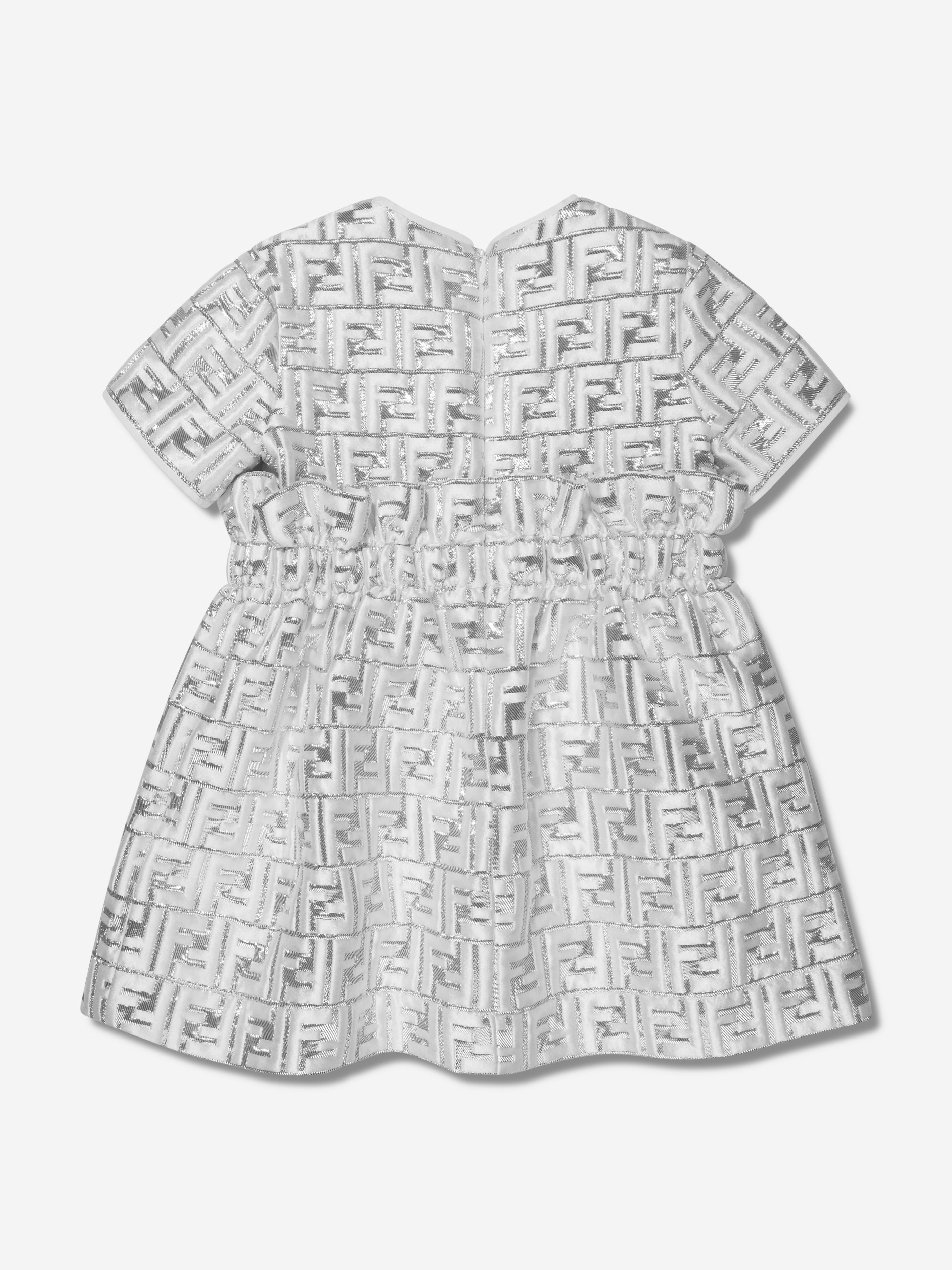 Girls Metallic Logo Brocade Dress in Silver