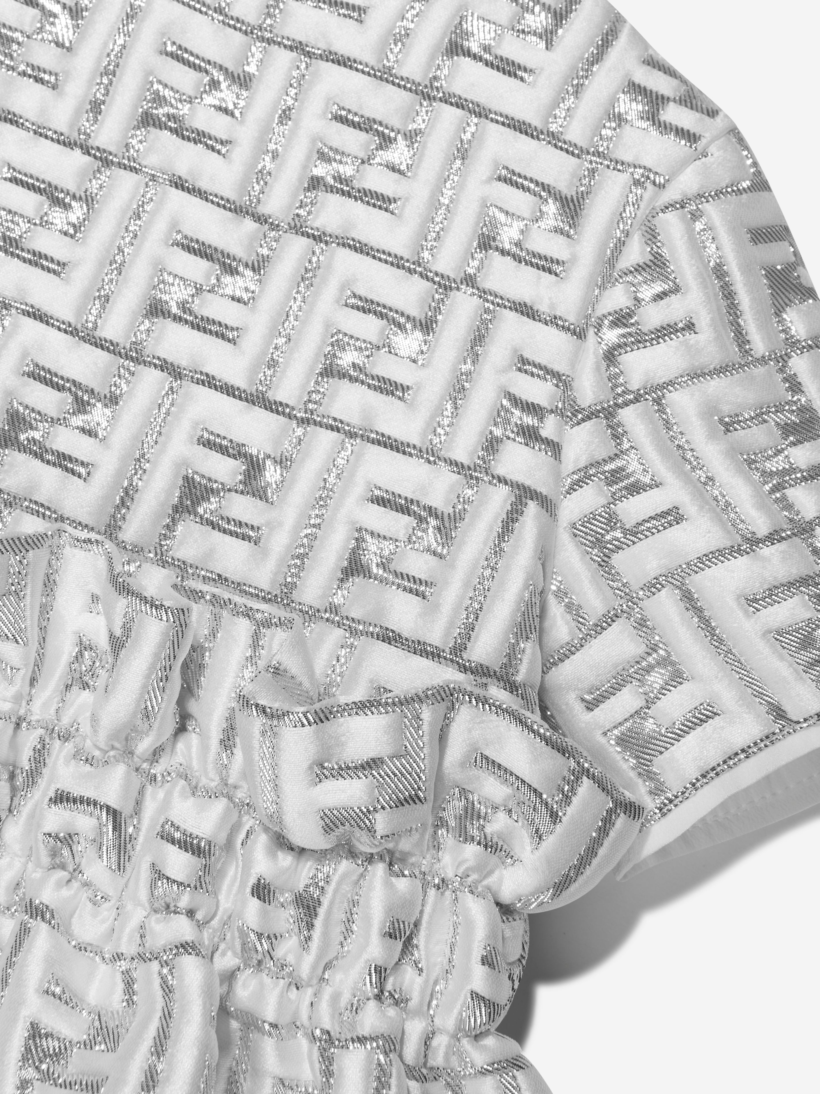 Girls Metallic Logo Brocade Dress in Silver