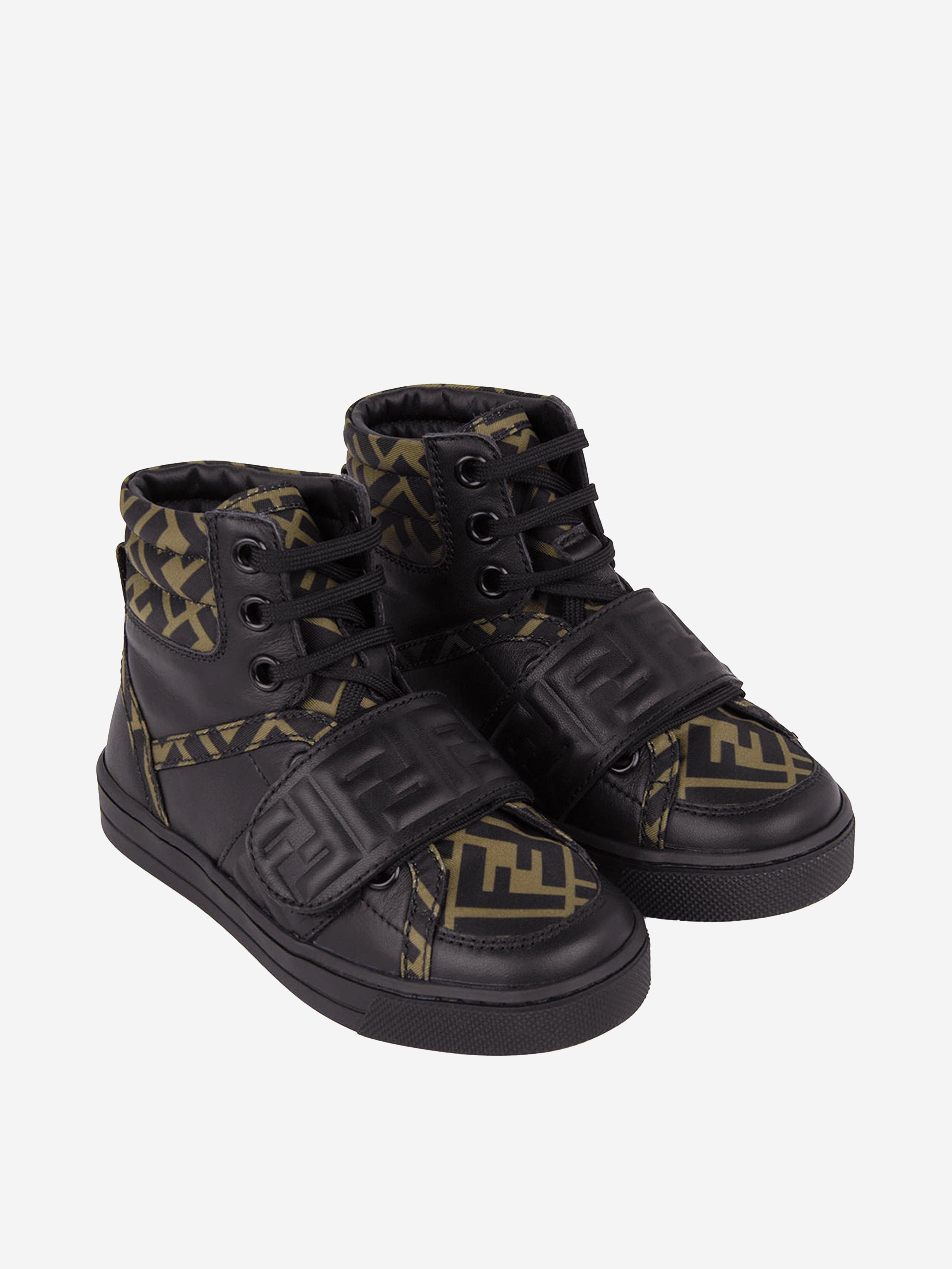 Fendi Kids Black & Brown Leather High Top Logo Trainers