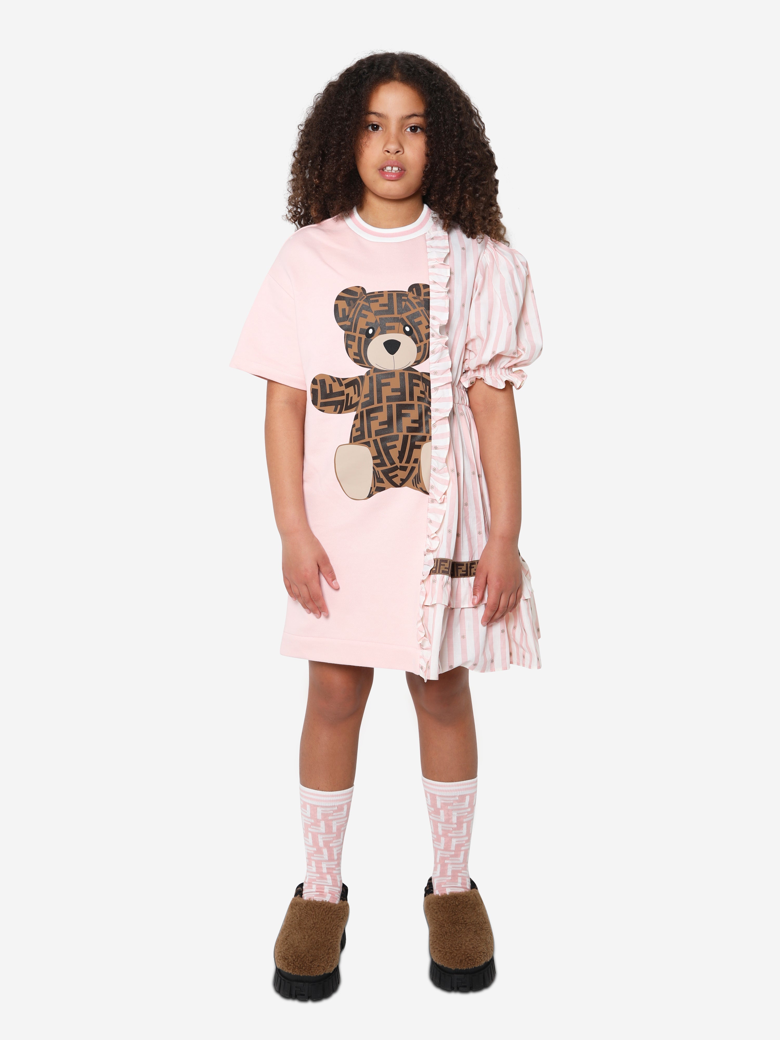 Girls Double Fabic Bear Dress in Pink