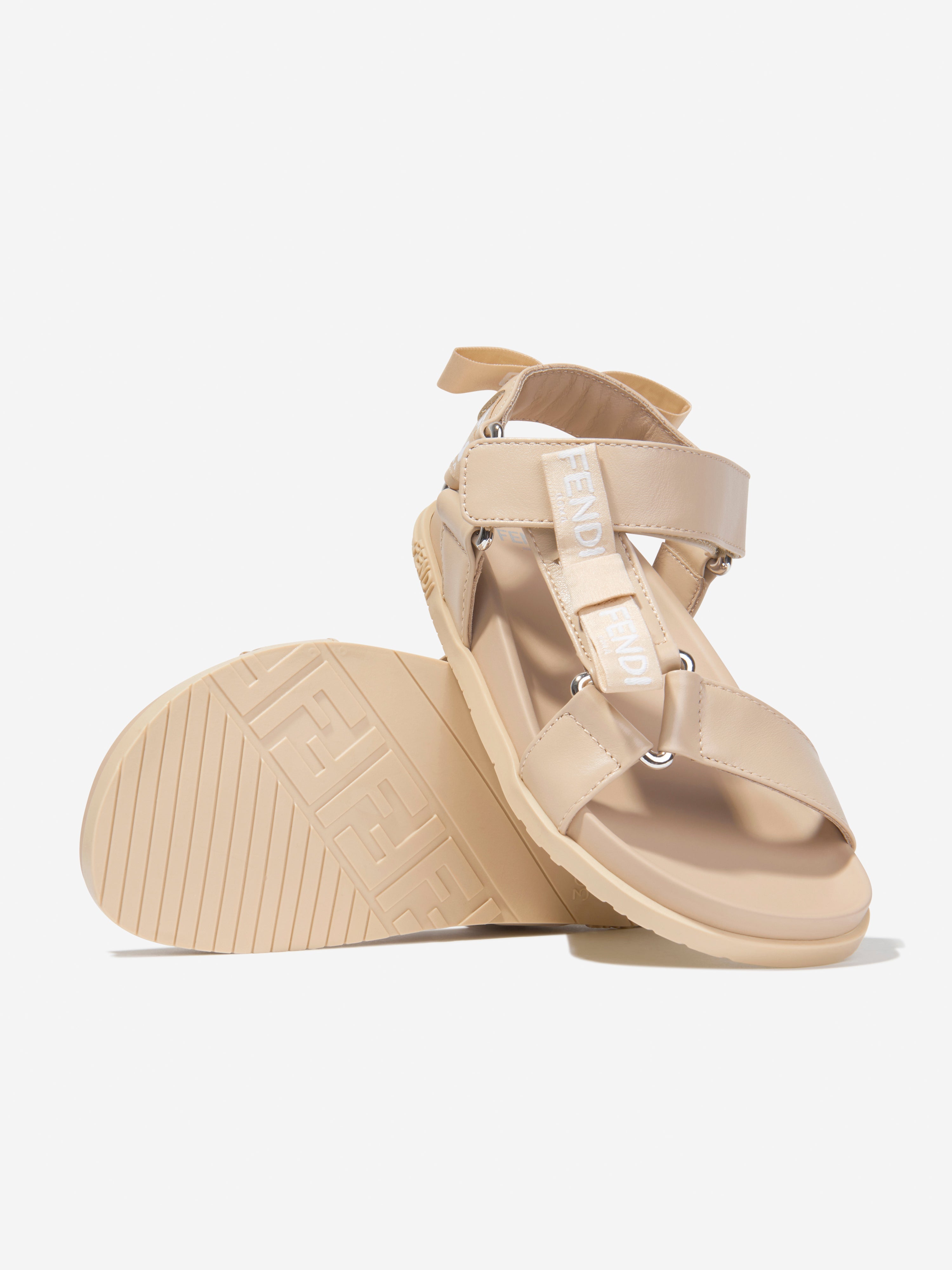 Girls Leather Jacquard Logo Sandals in Beige