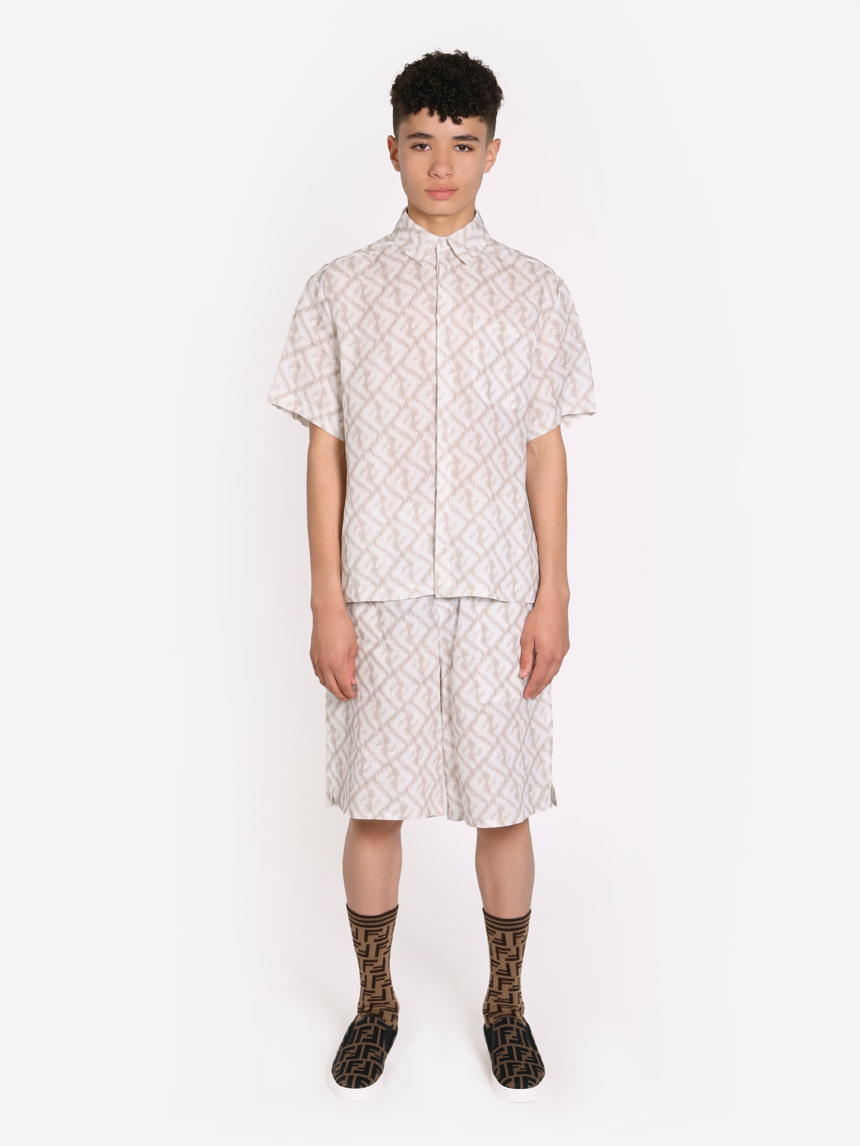 Boys Short Sleeve Linen Logo Shirt in Ivory