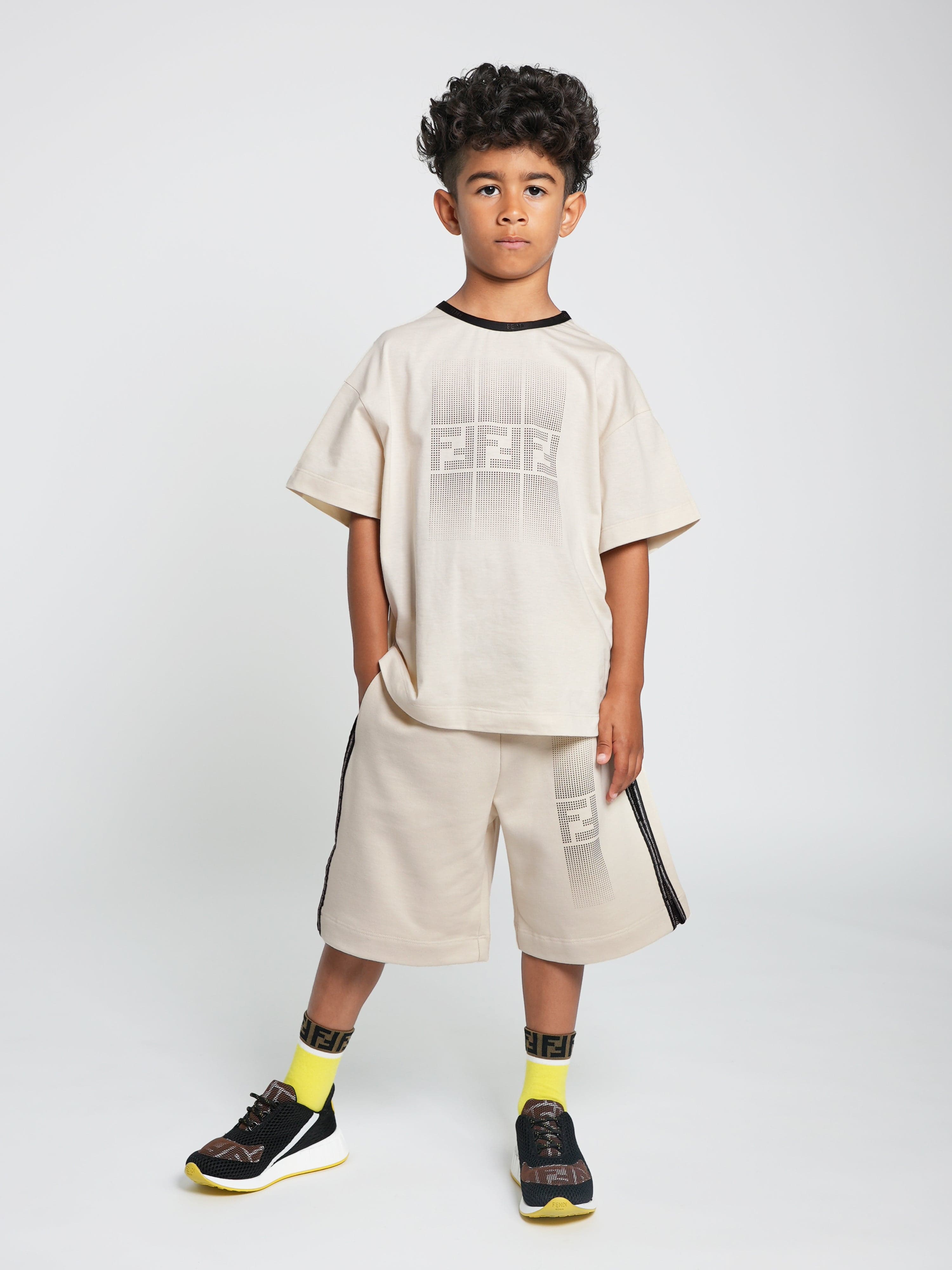 Fendi Boys Logo Print T-Shirt in Beige