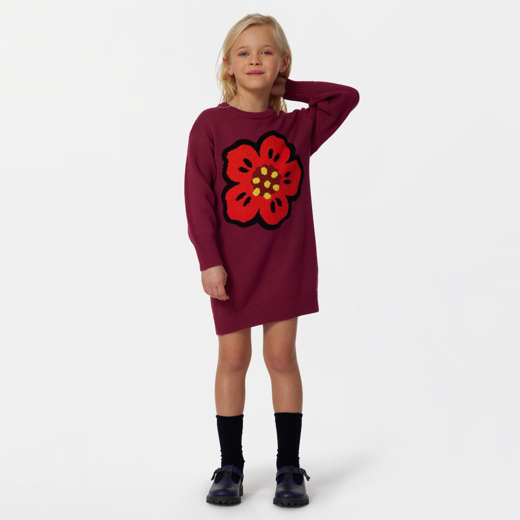Girls Wine Red Logo Cotton Dress