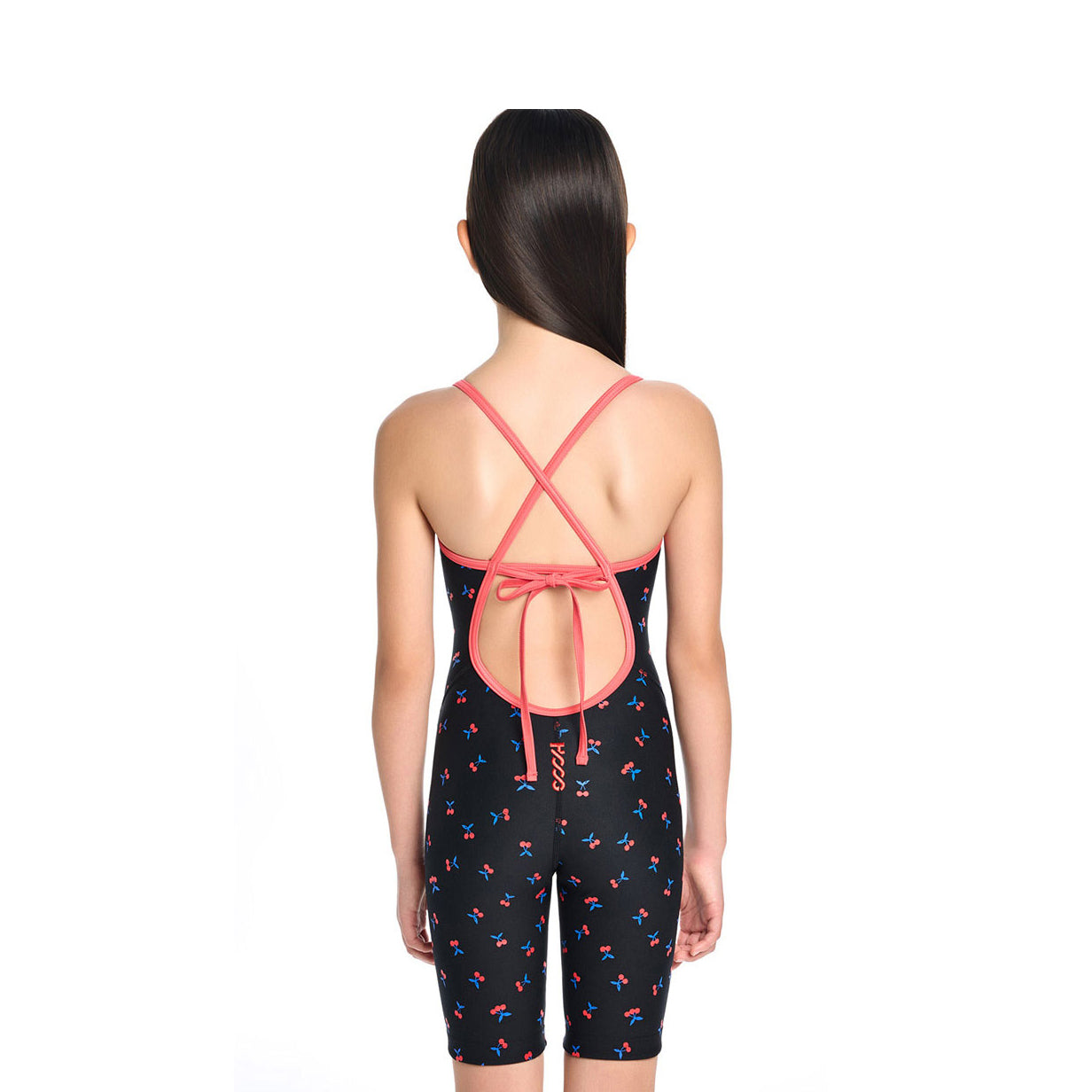 Girls Black Printed Cropped Professional Swimsuit